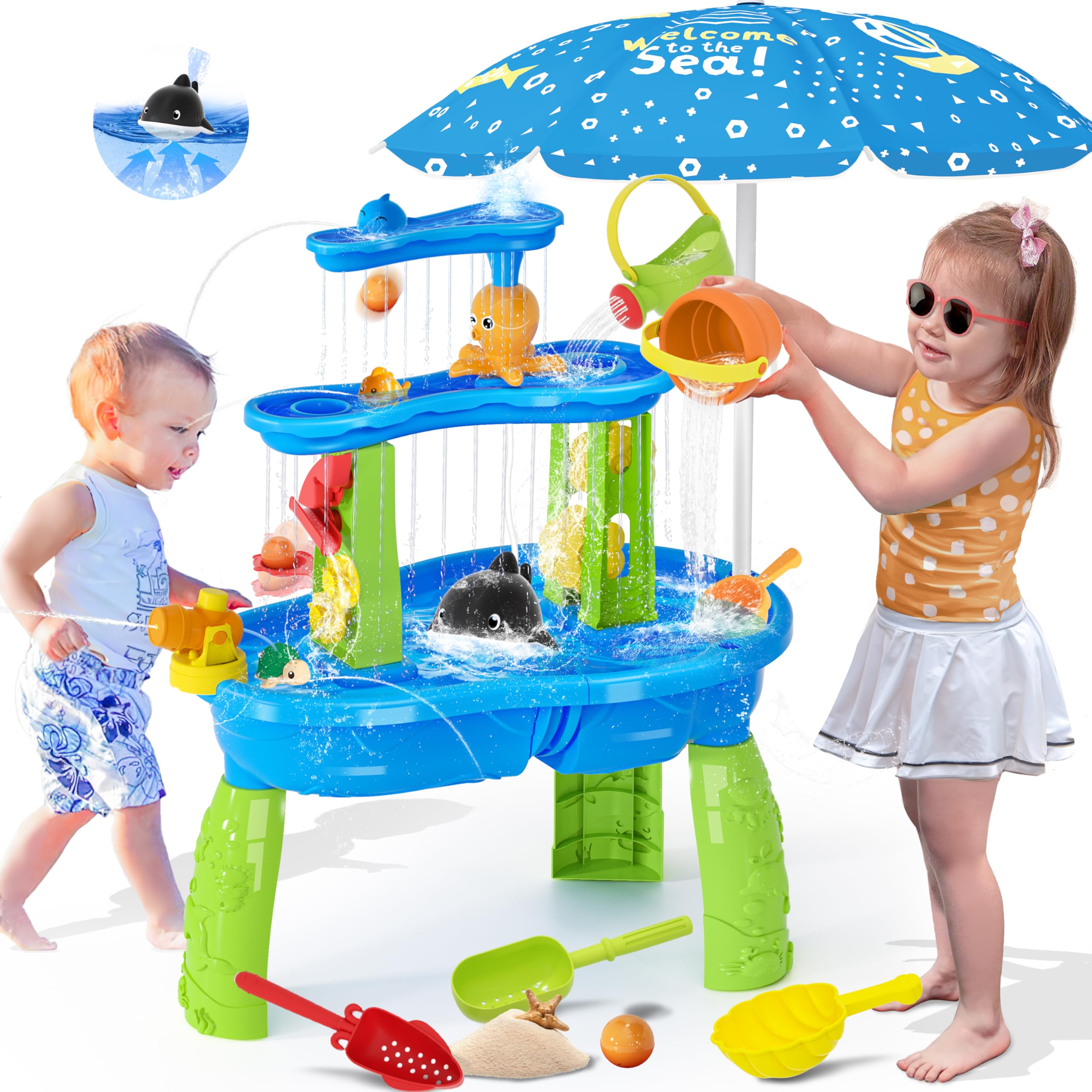 Water Table for Toddlers 3-5, 3-Tier Auto Water-Absorbing Kids Sand Water Table with Water Pump & Umbrella Splash Pond Toy, Activity Sensory Play