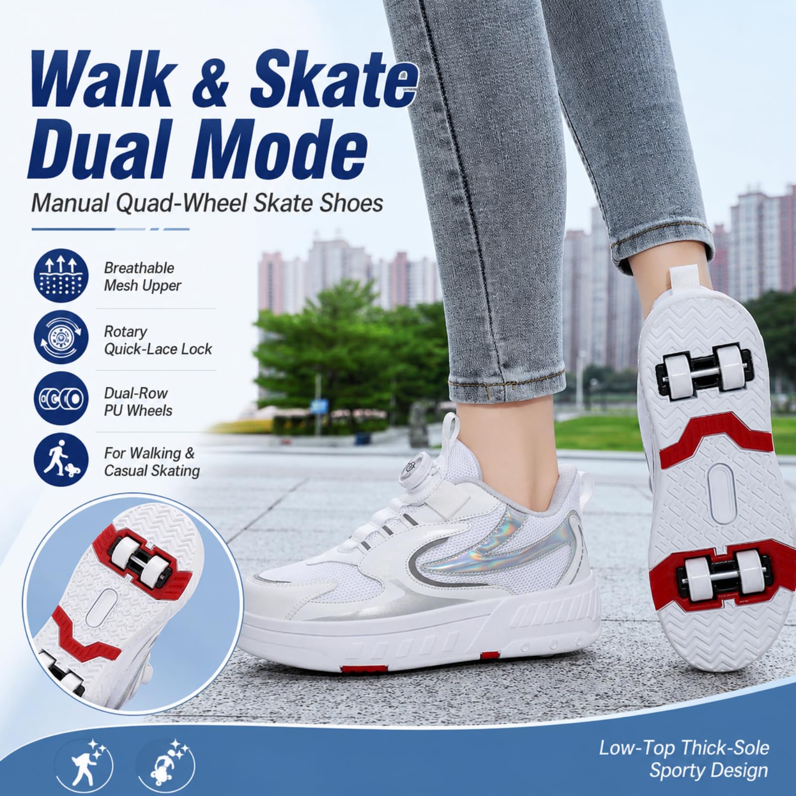 JJDFW Dziecięce 4 Koła Chowane Trampki Rolkowe, Siatkowa Górna Z Zamknięciem Blokującym Twist, Buty do chodzenia i jazdy na łyżwach 2 w 1, Niska Górna Gruba podeszwa, Czarno-białe