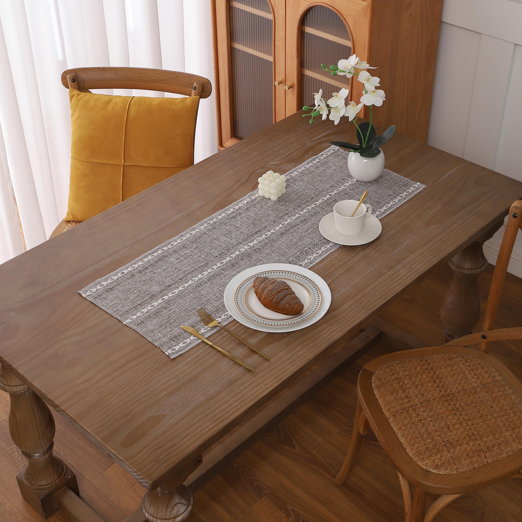 Gernaice 2PCS Boho Table Runner, Rustic Embroidered Cotton Linen Farmhouse Table Runners for Dresser End Coffee Table Home Decor, 24" L X 13" W Dark Brown