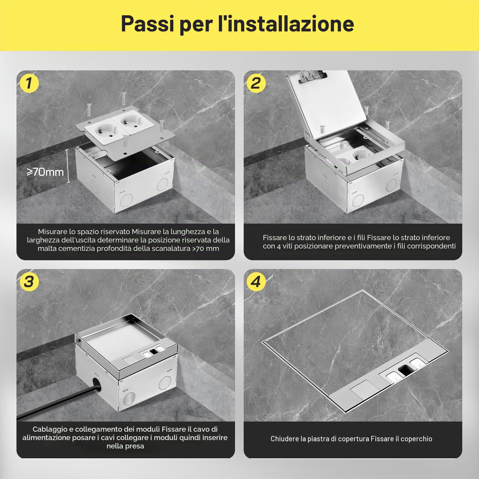 Scatola di corrente da incasso a pavimento 16A 4000W in acciaio inox impermeabile, 2 prese elettriche UE, set da pavimento retrattile per cucina, soggiorno, ufficio, hotel