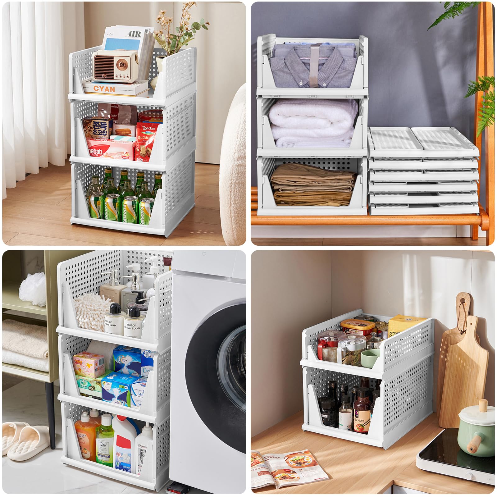 Organizador de almacenamiento para armario, 2 cestas apilables pequeñas, 43 x 33,5 x 14 cm, contenedores de plástico multiusos para armario, baño, oficina, hogar, juguetes, libros, ropa