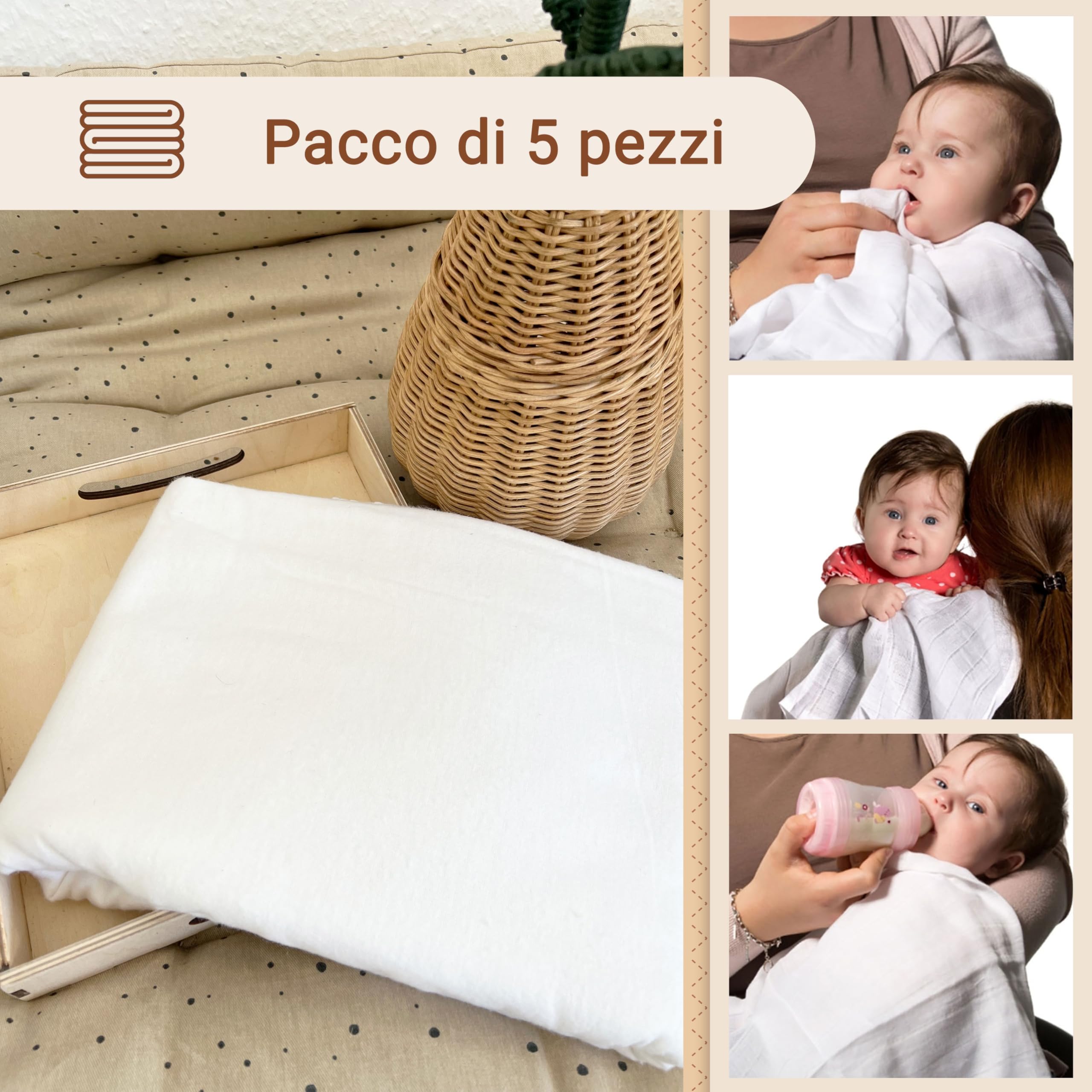 ZOLLNER 5 Mussole in 80x80 cm - cotone - fasciatoio super assorbente - morbido e riscaldante - lavabile a 95°C - bianco naturale - Certificato OEKO-TEX (R)