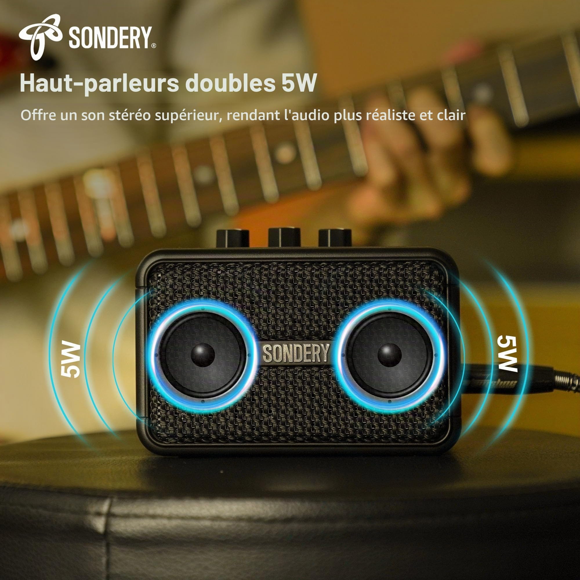 Sondery Mini amplificateur de guitare pour guitares électriques 5 W deux haut-parleurs rechargeable portable Pratice petit amplificateur avec effets Overdrive/Clean et Bluetooth