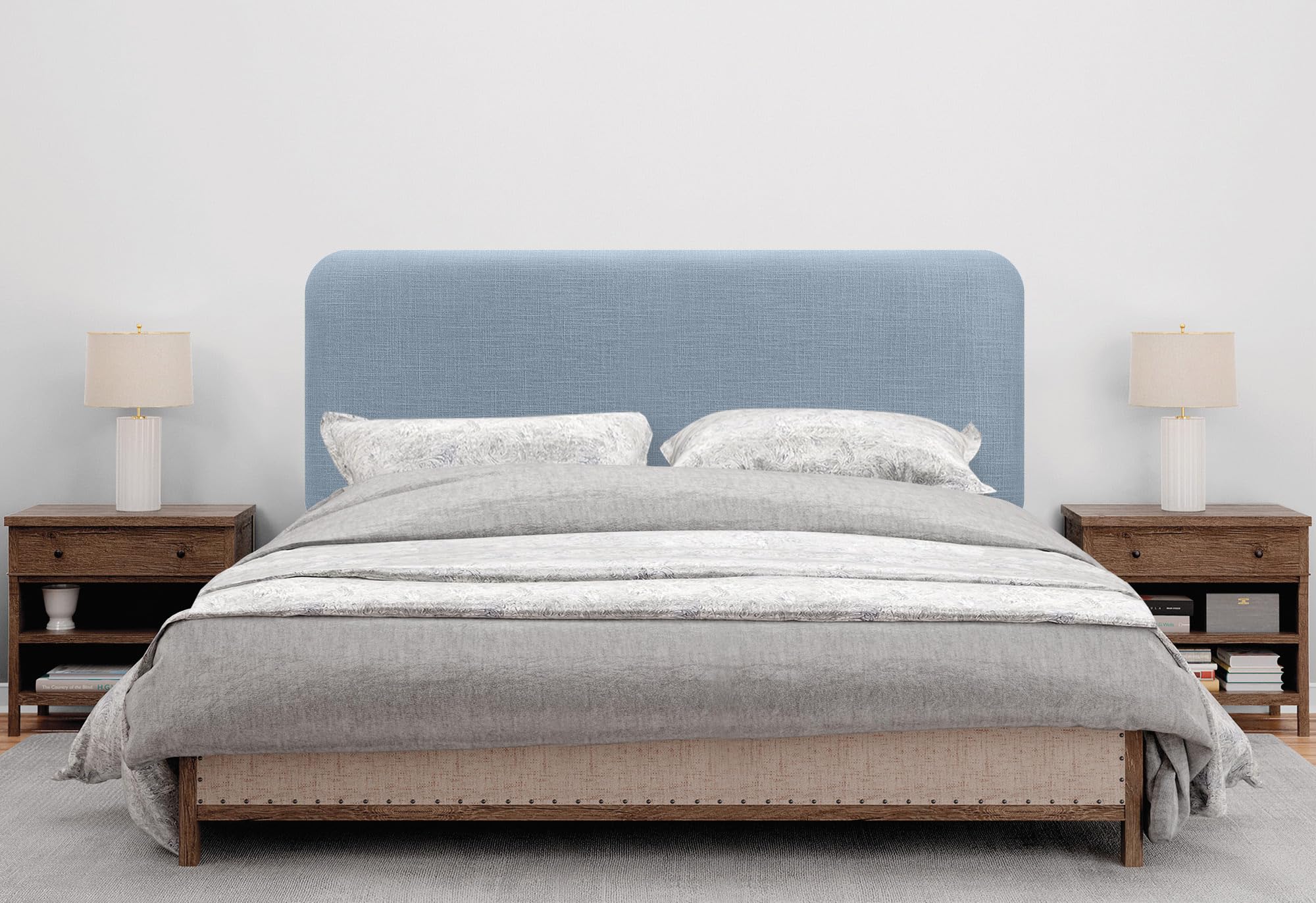 DHOME Testiera Imbottita Liscia Arrotondata in Lino Naturale con Gambe per Parete Acustica Testate Letto Fonoassorbenti Camera da Letto (Blu, 110cm)