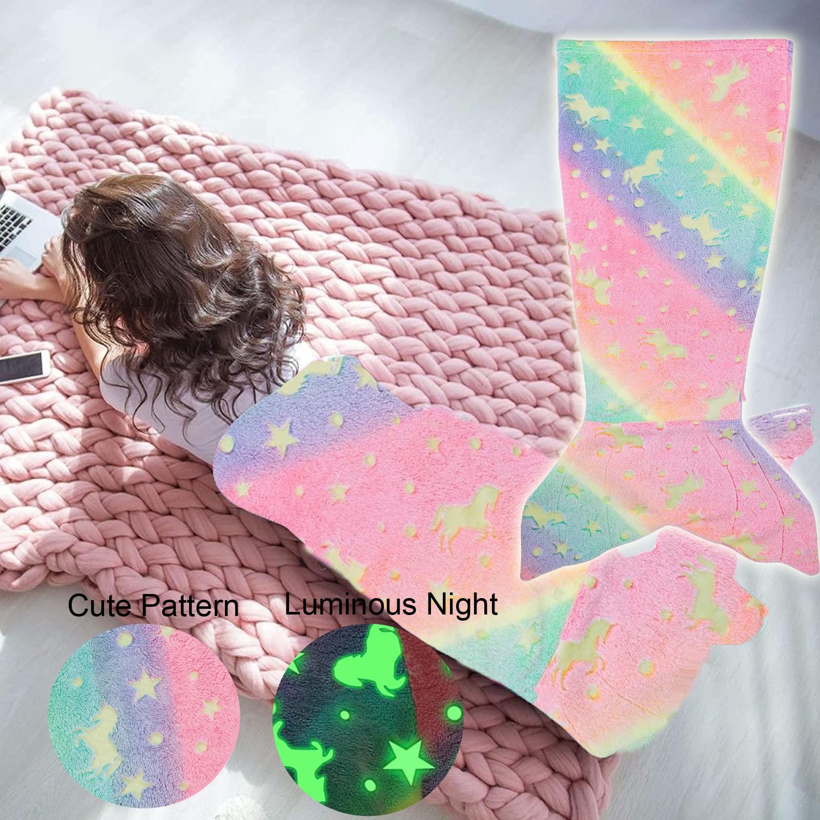 sanvpwsan Mermaid Tail Blanket for Kids Glow in The Dark Mermaid Blanket Tail for Girls Wearable Soft Flannel Fleece Sleeping Bag Blankets - Image 4