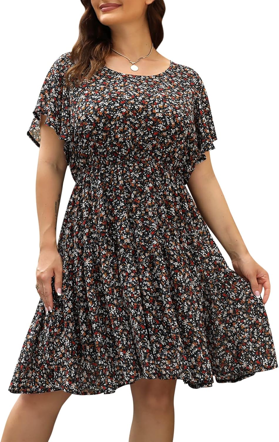 Nemidor Plus Size Summer Dresses for Curvy Women Casual Boho Midi Chiffon Print Floral Dress with Ruffle Sleeve 14-26