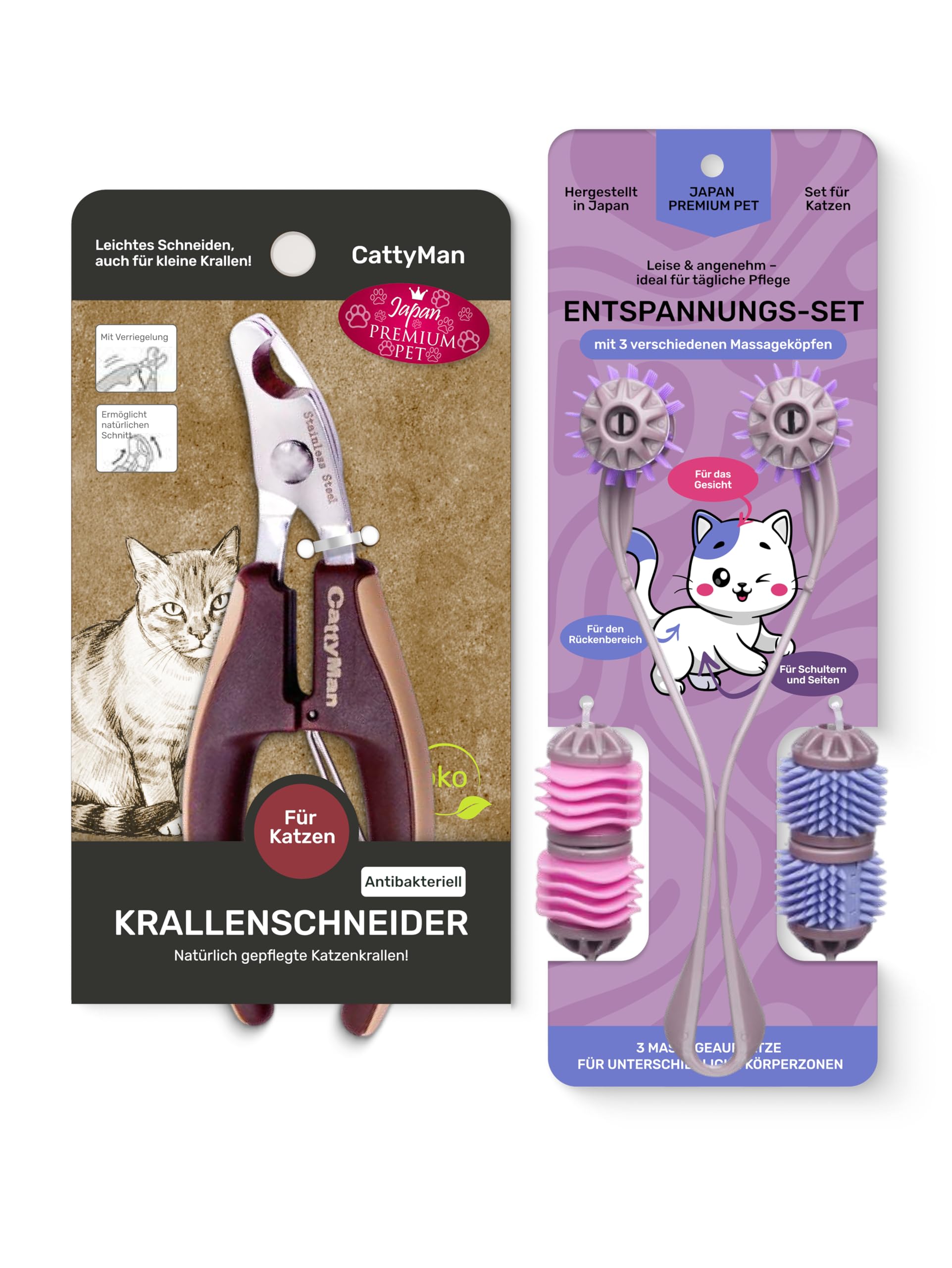 Anatomische Krallenschere & Massagegerät für Katzen | Gebogene 25° Klingen, Soft-Action-Feder & Sicherheitsverschluss | Rutschfeste Griffe | 3-in-1 Massage: Entspannung, Lymphdrainage & Sportmassage |