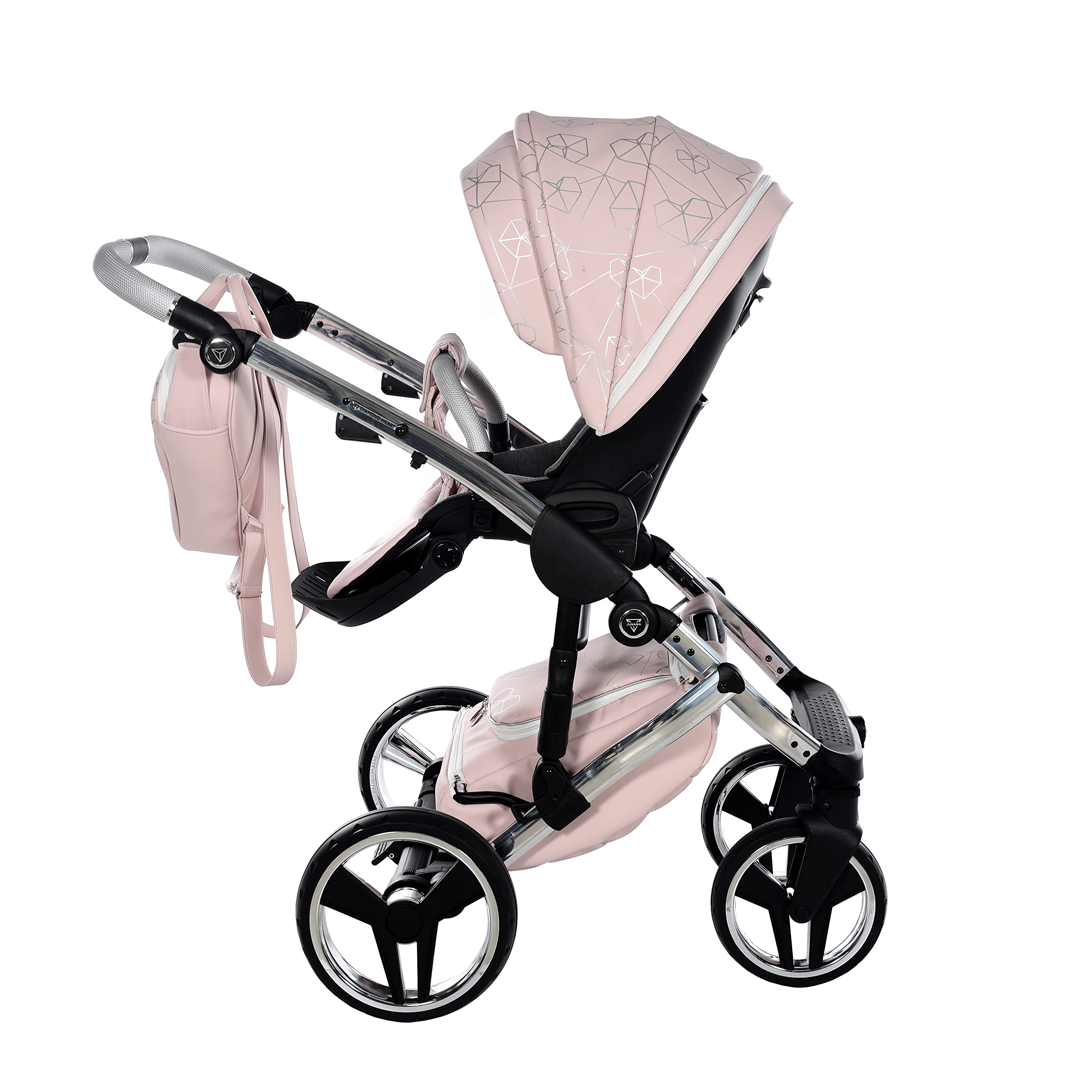 Junama Diamond Heart 06 Rosa y Plateado Cochecito de Bebé 2 en 1, 3 en 1, 4 en 1 + Sombrilla para Carrito (3 en 1 con silla de auto)