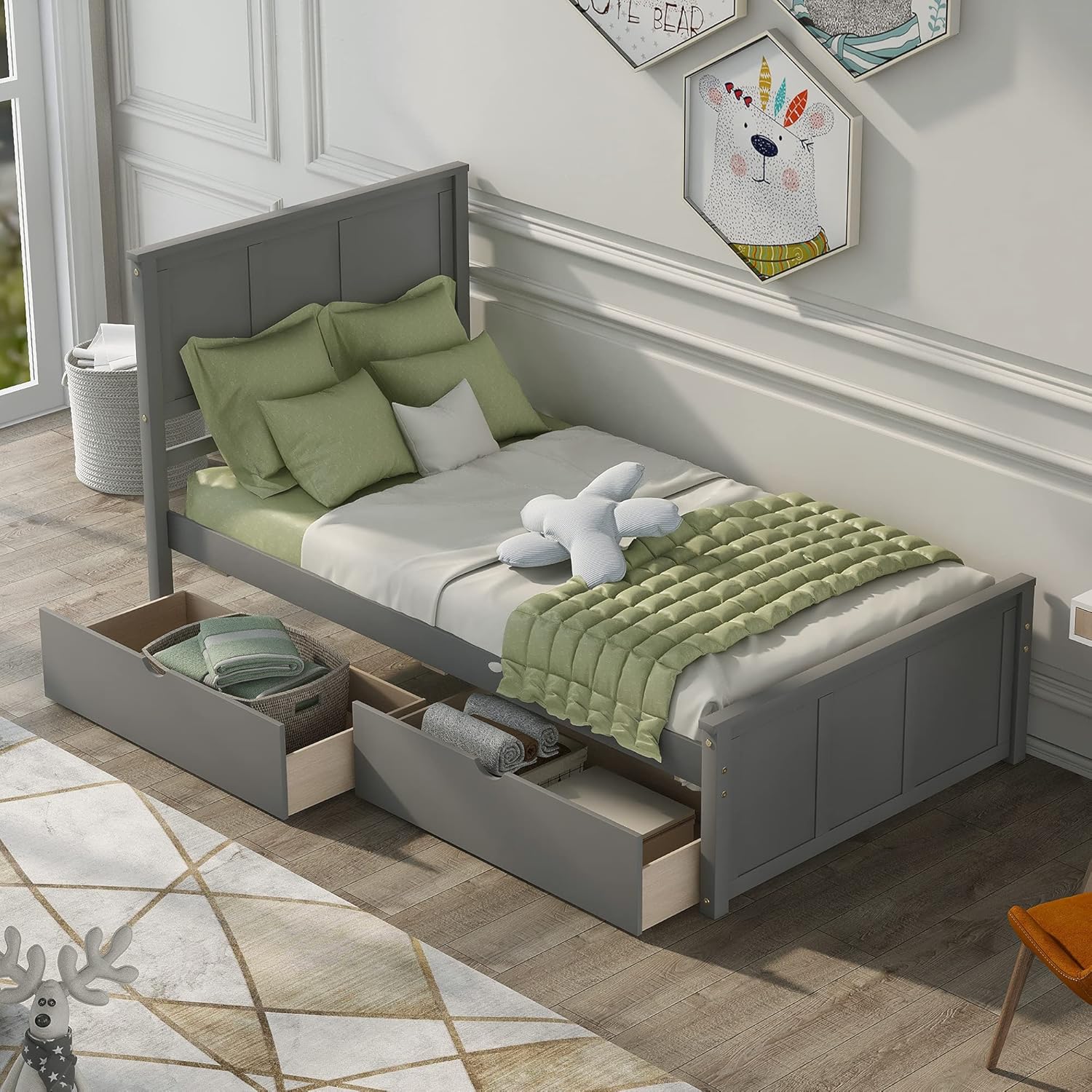 Harper & Bright Designs Twin Bed with Storage Drawers, Solid Wood Platform Bed Frame with Headboard and Footboard- Gray