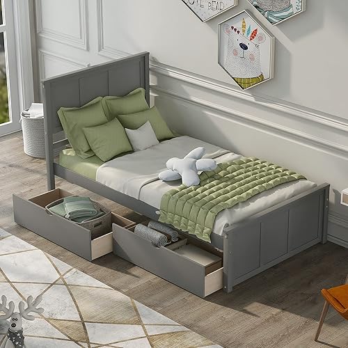 Miniatura 8 de P PURLOVE Cama de plataforma de tamaño individual con cajón, marco de cama de almacenamiento de madera individual con cabecera y cajón, soporte de