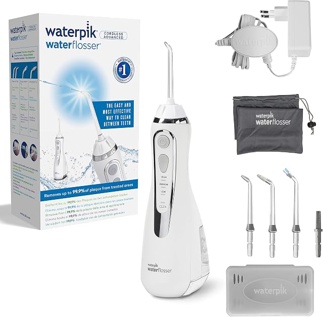 Waterpik Irygator Bezprzewodowy Cordless Advanced, 3 Ustawienia Ciśnienia, Usuwanie Płytki Nazębnej, Idealny w Podróż i do Małej Łazienki, Zasilanie Akumulatorowe, Kolor Biały (WP-560EU)