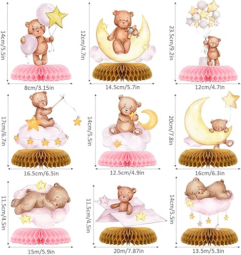 Vista 2 de 9 piezas de centro de mesa de oso para baby shower, panal, decoración de fiesta, globos de oso rosa, decoración de mesa 3D de panal para niños