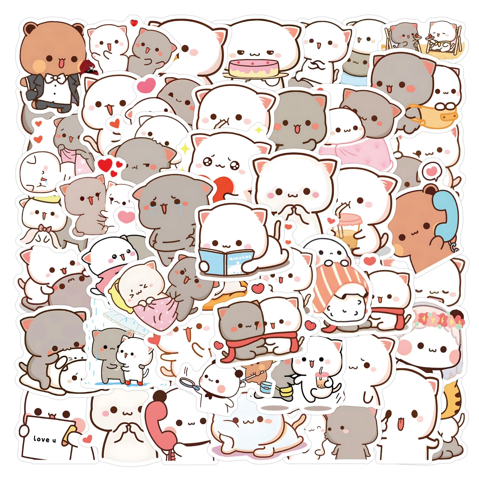 Kawai Cat Stickers Car Laptop Phone Guitar Skateboard Motorcycle Bicycle Kawaii Cat Stickers Set Vinyl Waterproof Aesthetic Stickers for Teenagers Children Adults Pack of 60