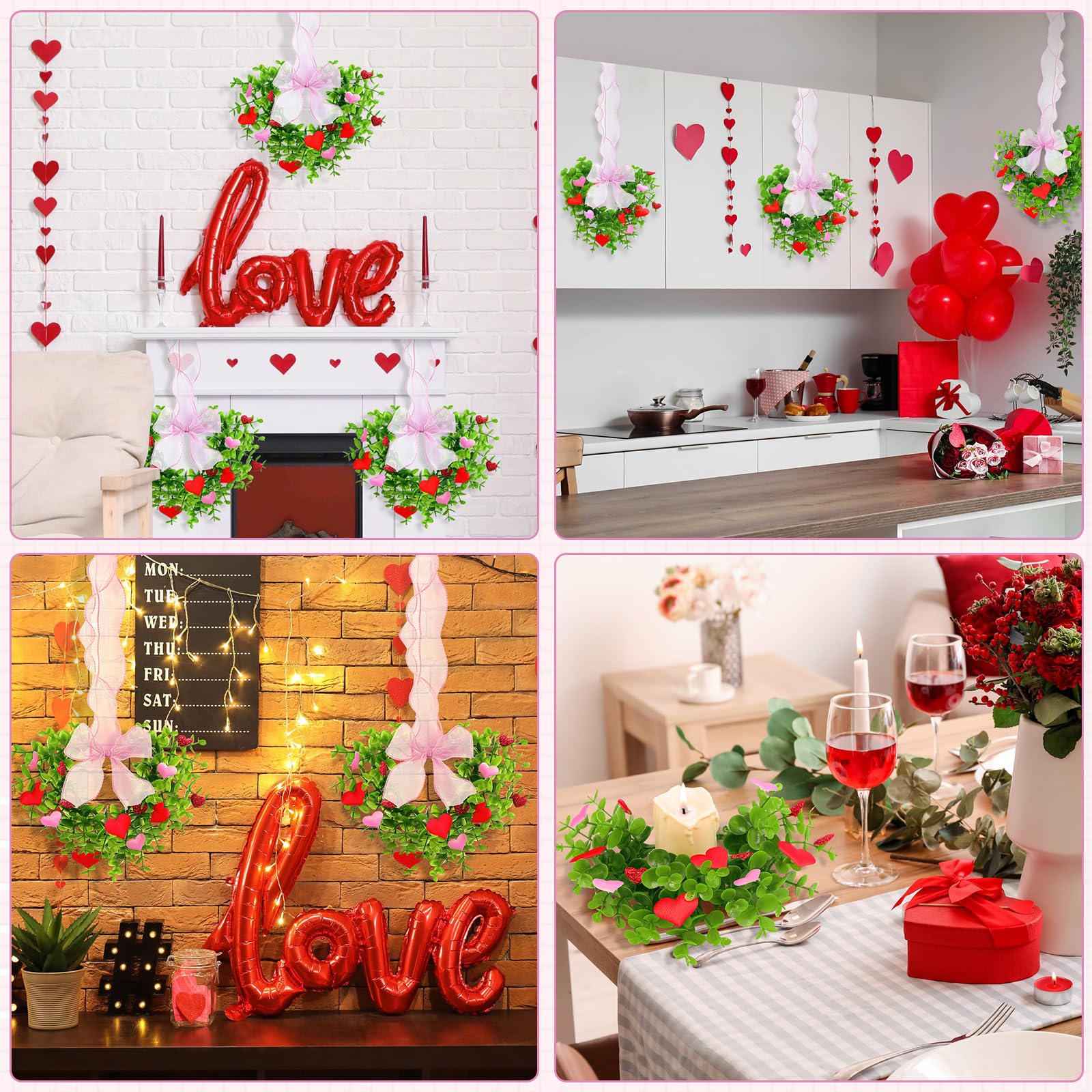 6 Stück Valentinstag Herz Kranz Dekorationen Küchenschrank Kränze mit rosa Schleife Mini-Kränze künstlicher Eukalyptus Frühling Grün hängende Dekorationen Kranz für Fenster Wand Hochzeit Party