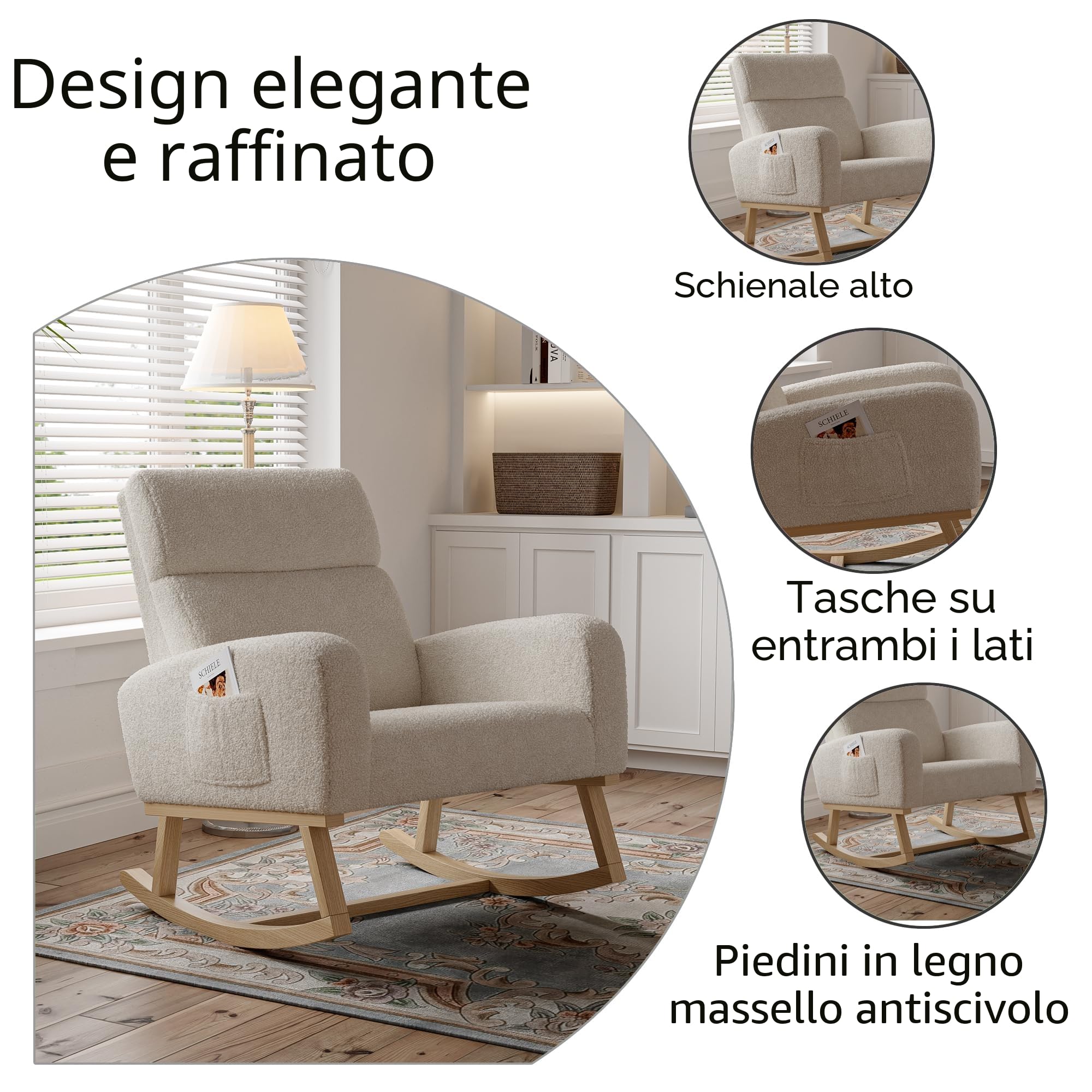 Sedia a dondolo scandinava, poltrona per allattamento, tempo libero e riposo, in tessuto con piedi in legno e metallo per soggiorno, camera da letto, colore: Beige A