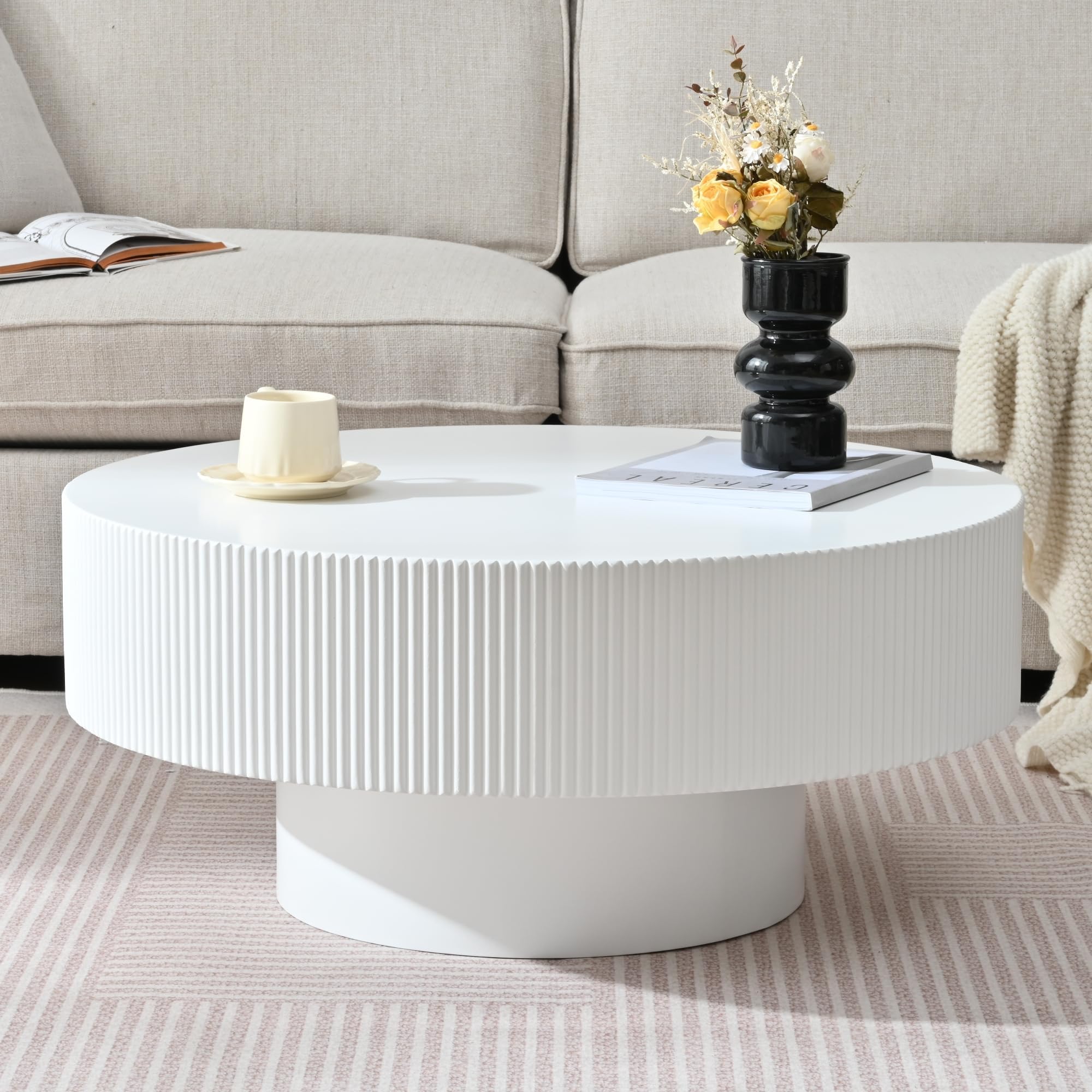 Modern 31 Inch Round Coffee Table with Sturdy Base, Wood Center Tables for Living Room Reception Room, Easy Assemble, White