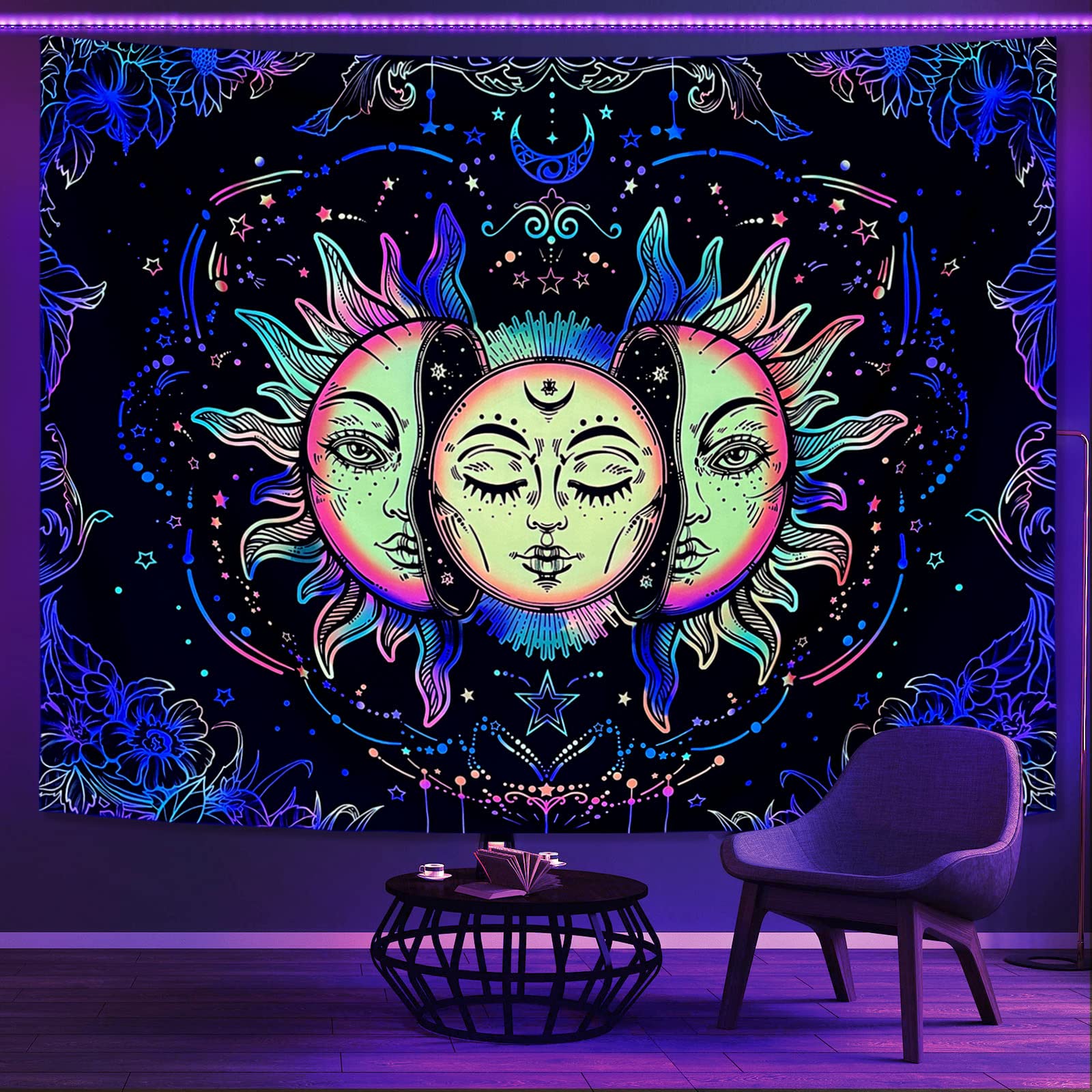 LifeellaBlacklight Sun and Moon Tapestry, UV Reactive Burning Sun Tapestries Glow in Dark Aesthetic Mystic Wall Hanging Colorful (Mutil, 44"×60" (112.5×150cm))