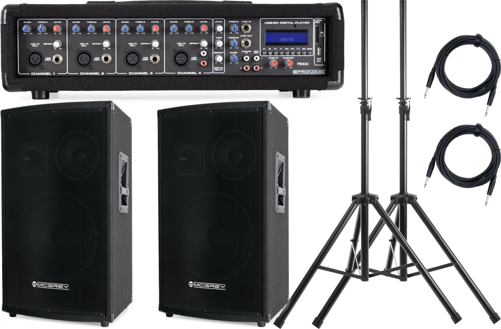 Pronomic PM42-Party StagePower Set, Mixer Amplificato, Ingresso jack 6 | Ingresso XLR bilanciato per microfoni dinamici, 35mm sbilanciato, Regolatori di effetto e livello per canale, Volume master