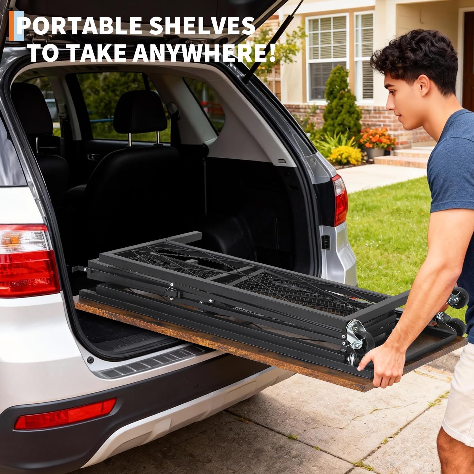 Bureau Informatique Pliable 31,5" sur roulettes – Poste de Travail 3 Niveaux avec étagères métal & paniers grillagés – sans Montage, Gain de Place – Blanc