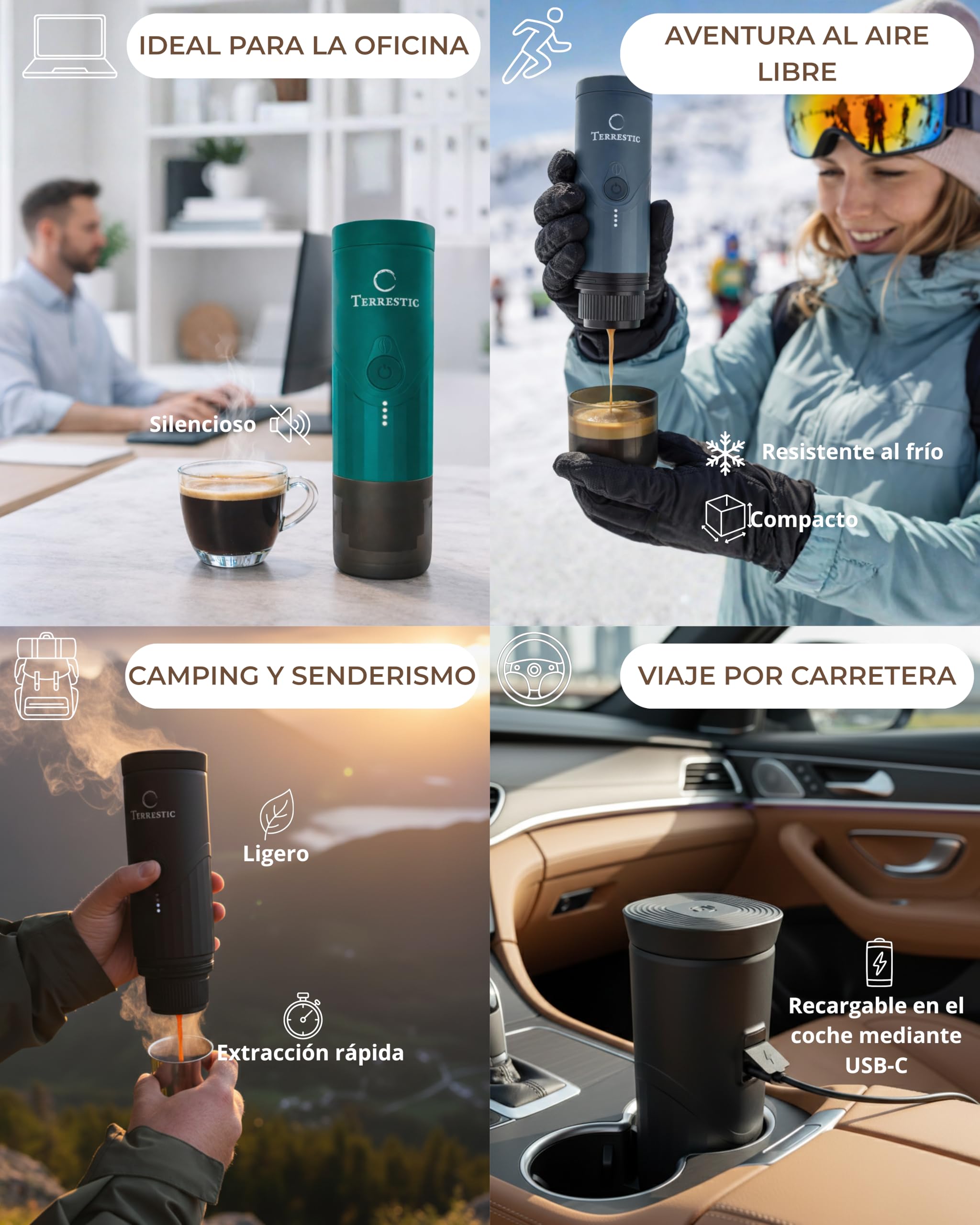Cafetera expreso eléctrica portátil Terrestic Dose + estuche rígido de viaje - Para café molido y cápsulas Nespresso, funciona con pilas y se carga por USB-C, ideal para coche, camping (Verde azulado)