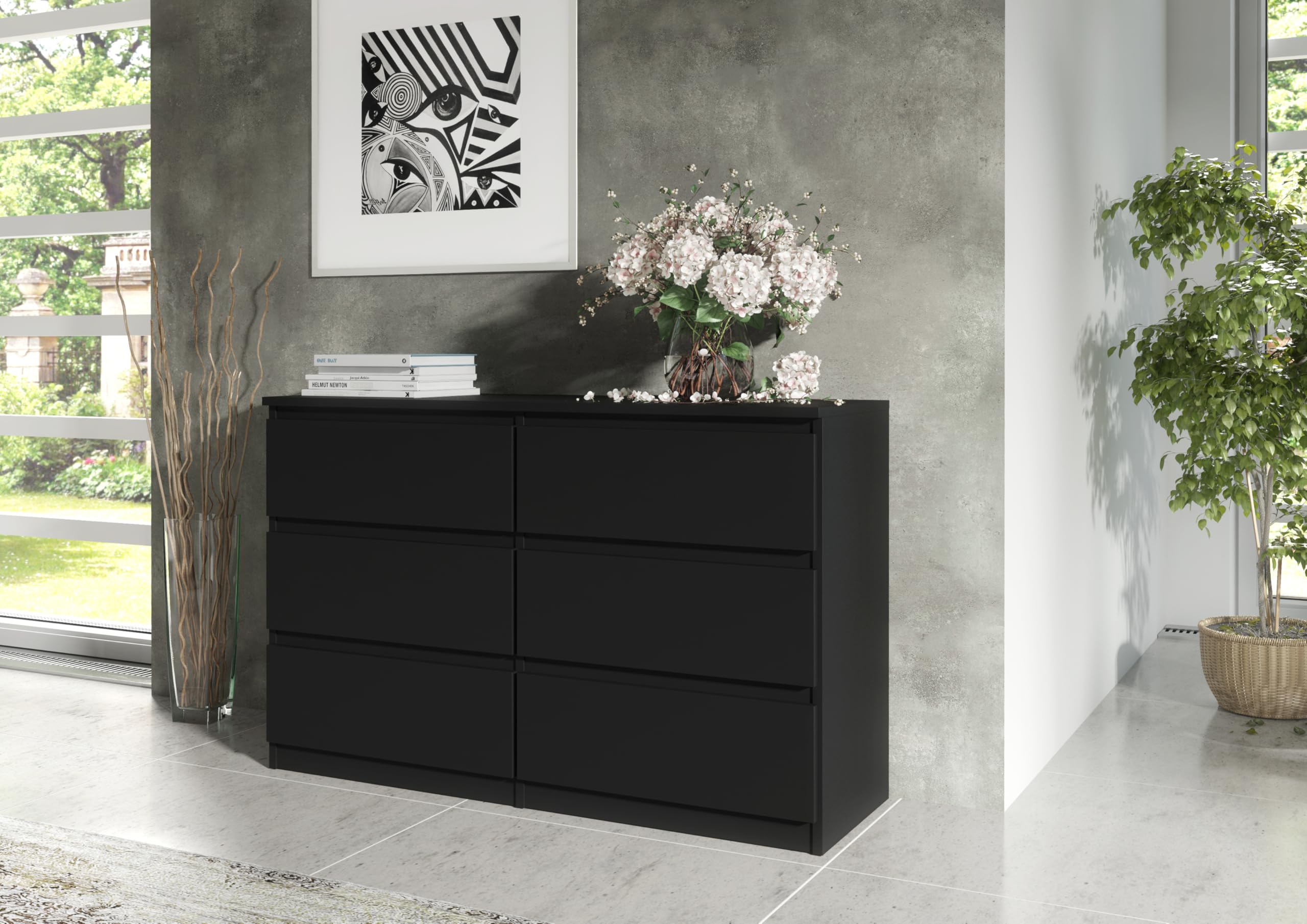 meble masztalerz Commode Chambre avec 6 Tiroirs - Meuble de Rangement pour Salon et Entrée Couloir - Spacieuse et Design - Noir - 120x39x78,5cm