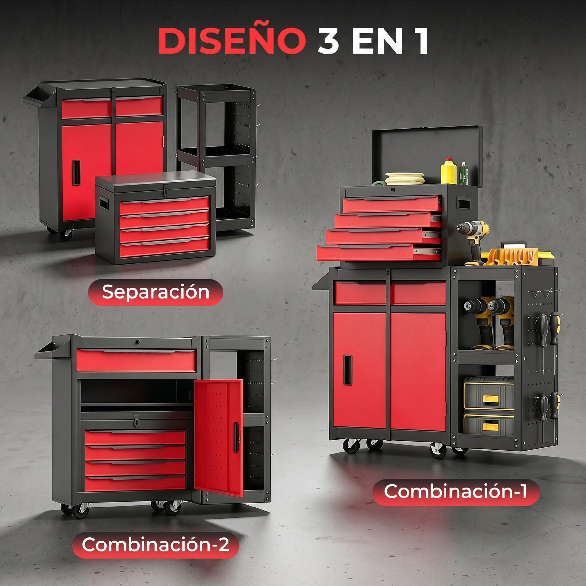 HOMCOM Carro de Herramientas con 5 Cajones 3 en 1 Cerradura Negro y Rojo | Caja de Taller Metálica, Soporte Lateral, Armario Inferior, Paneles Perforados, Asa, 2 Ruedas con Freno de Bloqueo
