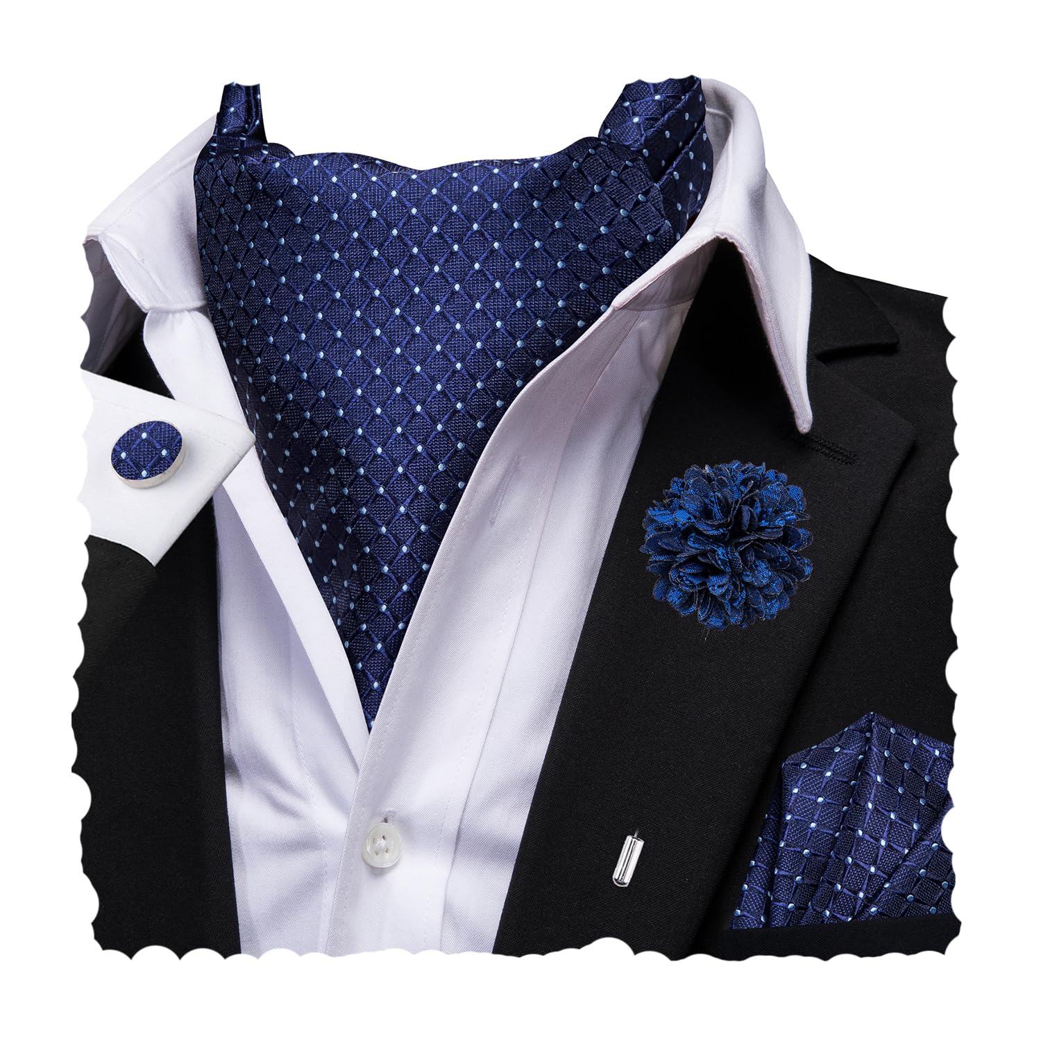 Hi-Tie Silk Ascot for Men Self Tie Men's Cravat and Flower Lapel Pin Handkerchief Cufflinks Set for Wedding Party