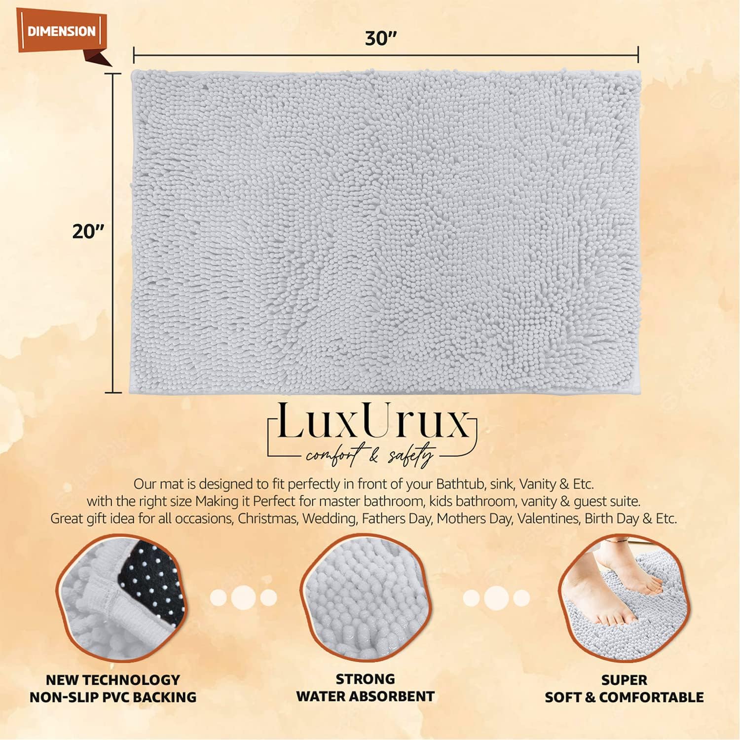 Ultra Soft Texture Chenille Plush Bath Rugs Floor Mats, Bath Rug Non Slip Microfiber Door Mat for Kitchen/Entryway/Living Room (30 x 20 inches, White)