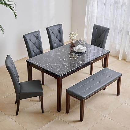 Home Centre Jasper Faux Marble Top 6-Seater Dining Set with Chairs and Bench - Grey