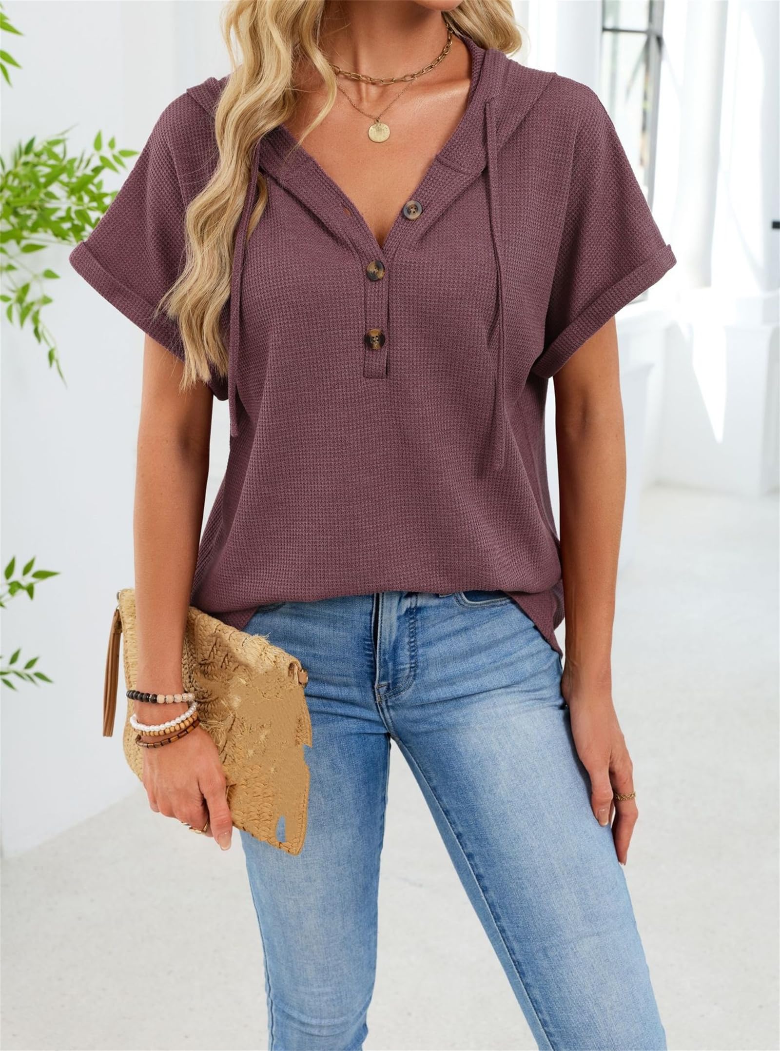 Bluzy z kapturem dla kobiet, oversize, dzianinowa bluza z dekoltem w serek, krótki rękaw, sznurek, guziki, pulower, topy do codziennego noszenia