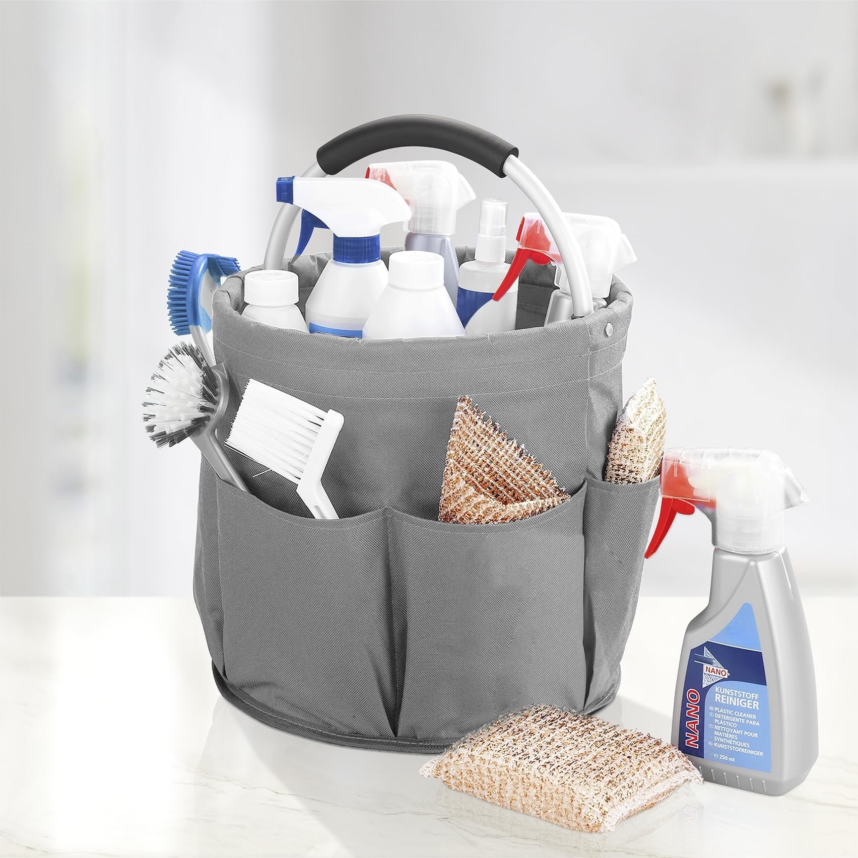 WENKO Organizer universale per la pulizia della casa e del giardino con 6 scomparti per elettrodomestici, attrezzi, utensili per la pulizia, Ø 28 x 26,5 cm, antracite