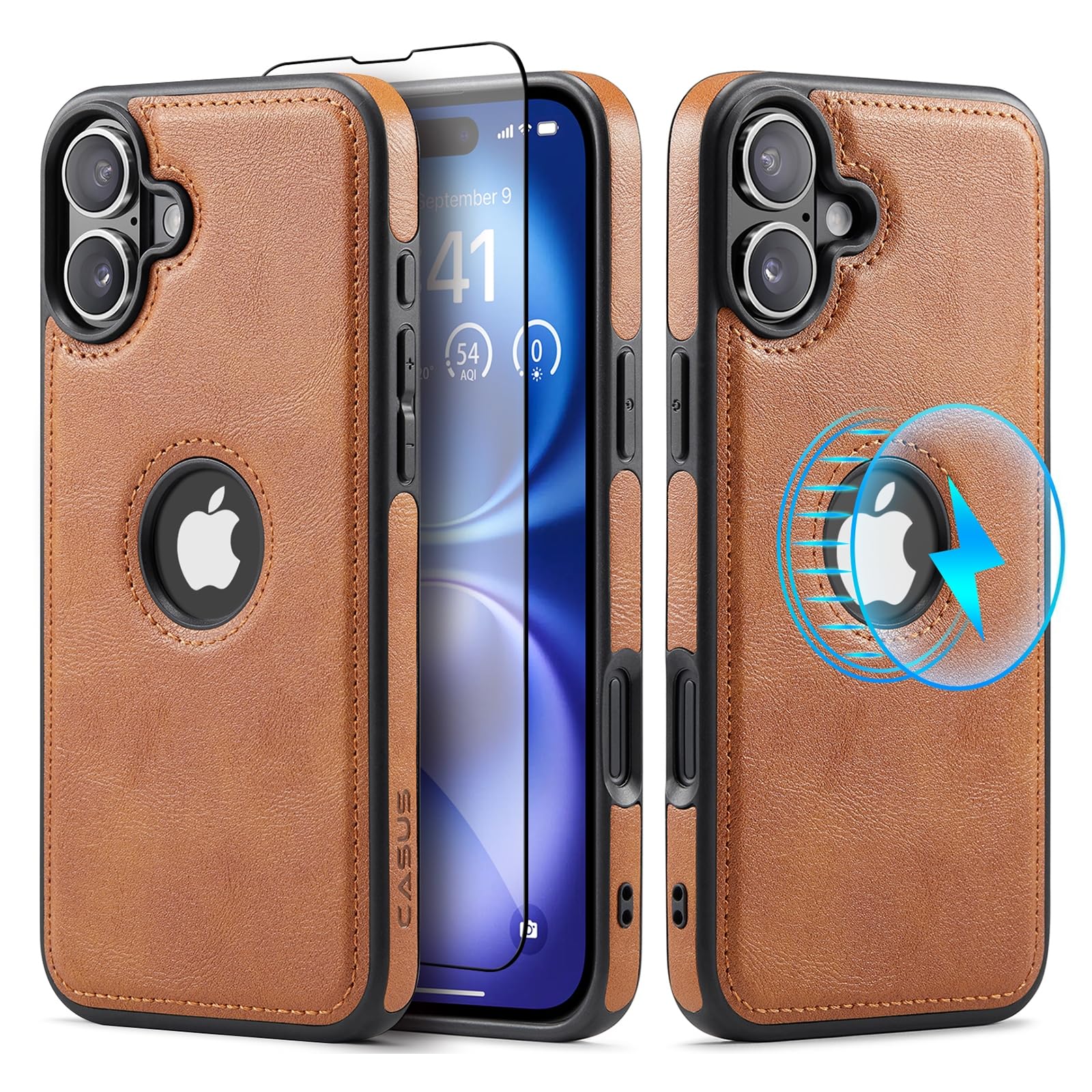 Étui en cuir pour iPhone 16 protégeant le smartphone de 6,1" sans retirer la charge