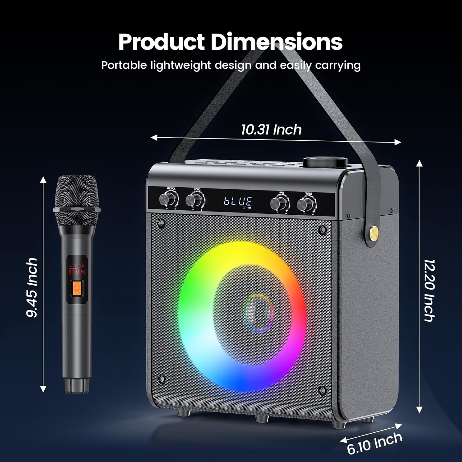 Karaoke Machine with 2 Wireless Microphones, Portable Bluetooth Speaker for Adults Kids with Bass Treble Echo PA System with Remote,LED Light, Supports TF Card,USB,AUX in,TWS,FM,REC for Party Gray image 4 of 8 B0DFPWJ3T3