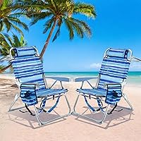 GVDV 2-Pack Backpack Beach Chairs for Adults - Portable Lay-Flat Reclining with Cup Holders, Towel Bars, 350 lbs Capacity, Blue Ocean