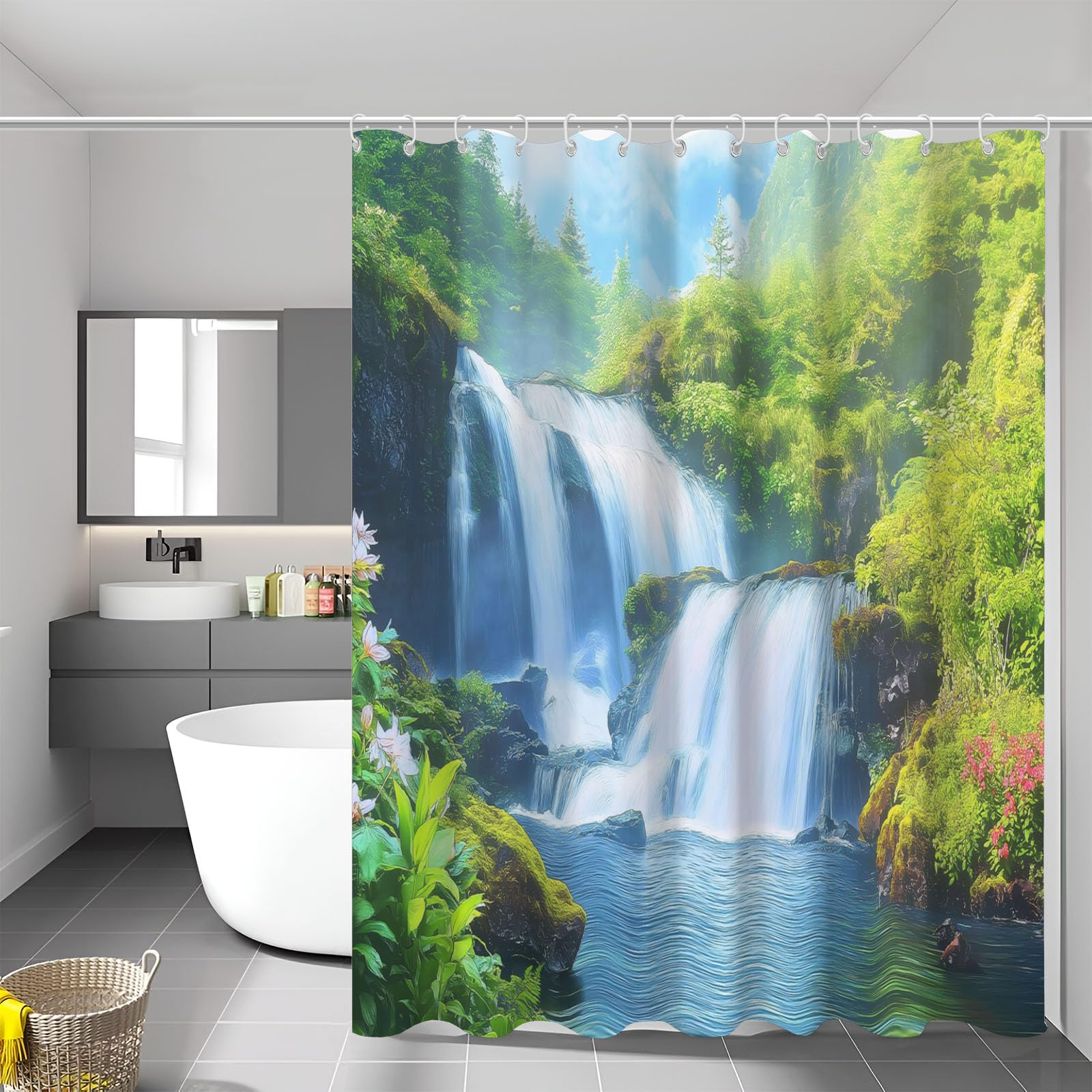 Rideau de douche 180 x 200 cm vallée cascade en tissu polyester lavable