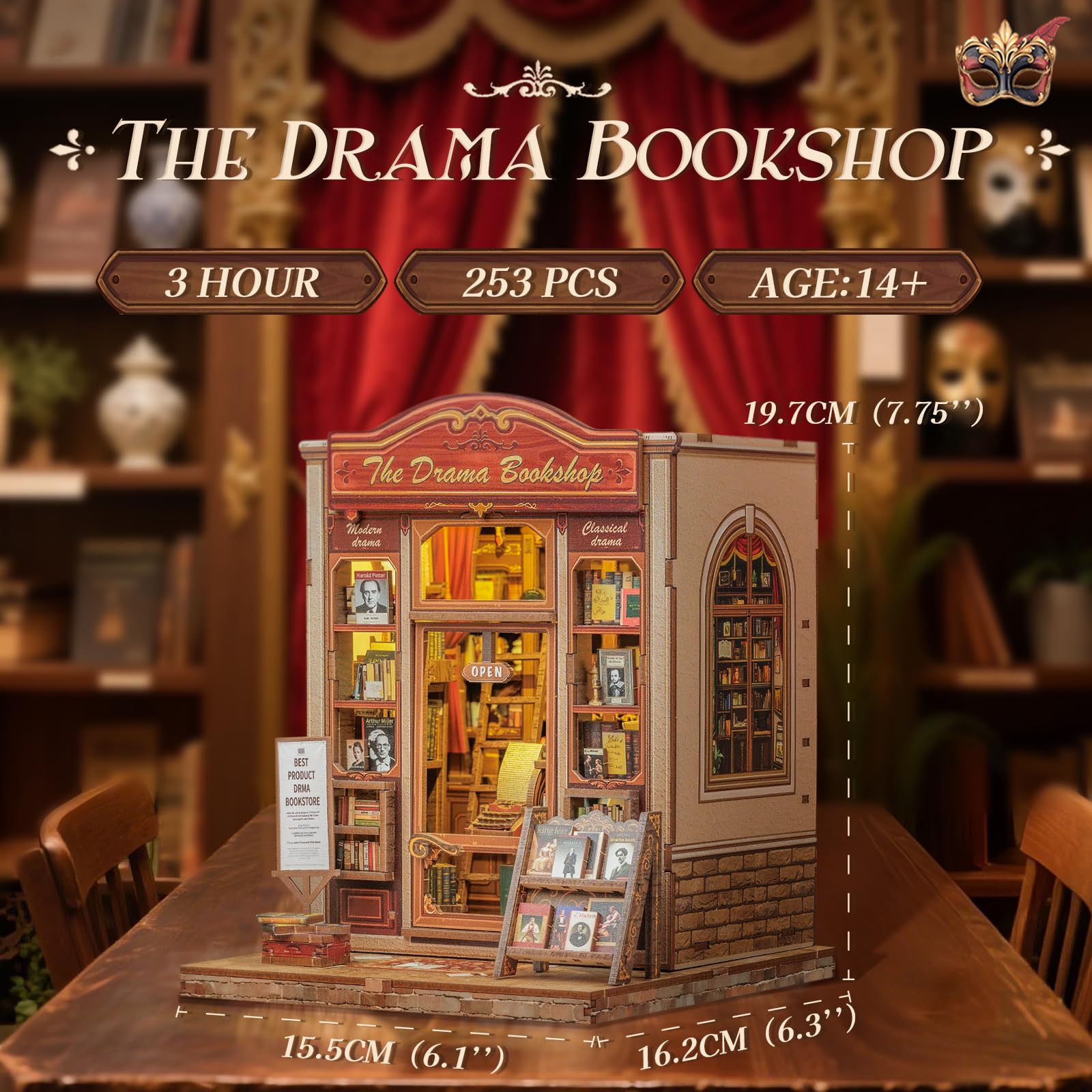 CUTEBEE Book Nook Kit - Casa Delle Bambole in Miniatura DIY per Adulti, Stile Miniature da Costruire di Legno Puzzle 3D Drammatico Classico, Regali per Familiari e Amici (The Drama Bookshop)