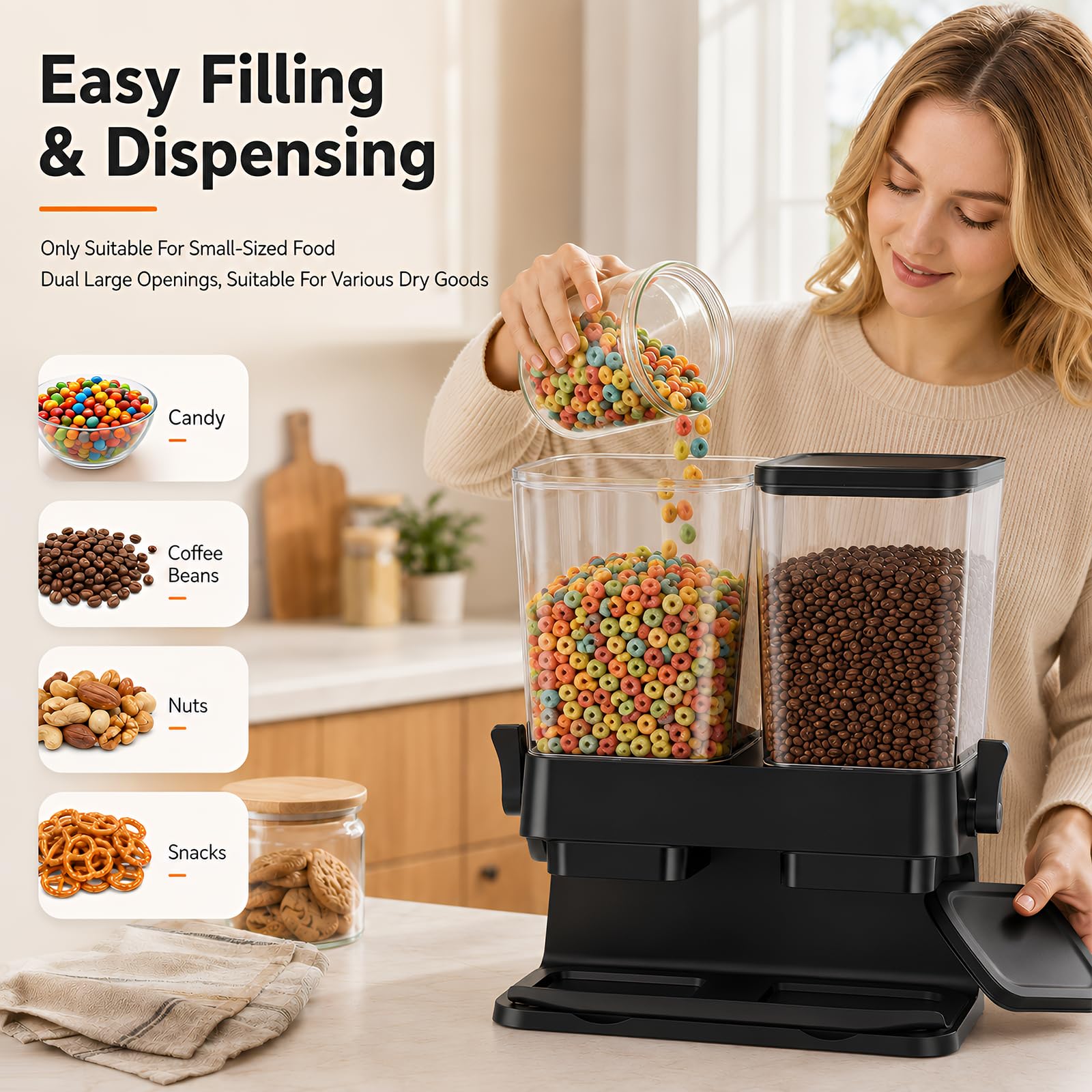 3L Große Müslispender mit Doppelbehälter, Cornflakes Spender aus ABS+PS, Cornflakes Behälter mit Deckel, Aufbewahrungsbox Küche Organizer für trockene Lebensmittel, Reis, Kaffeebohnen