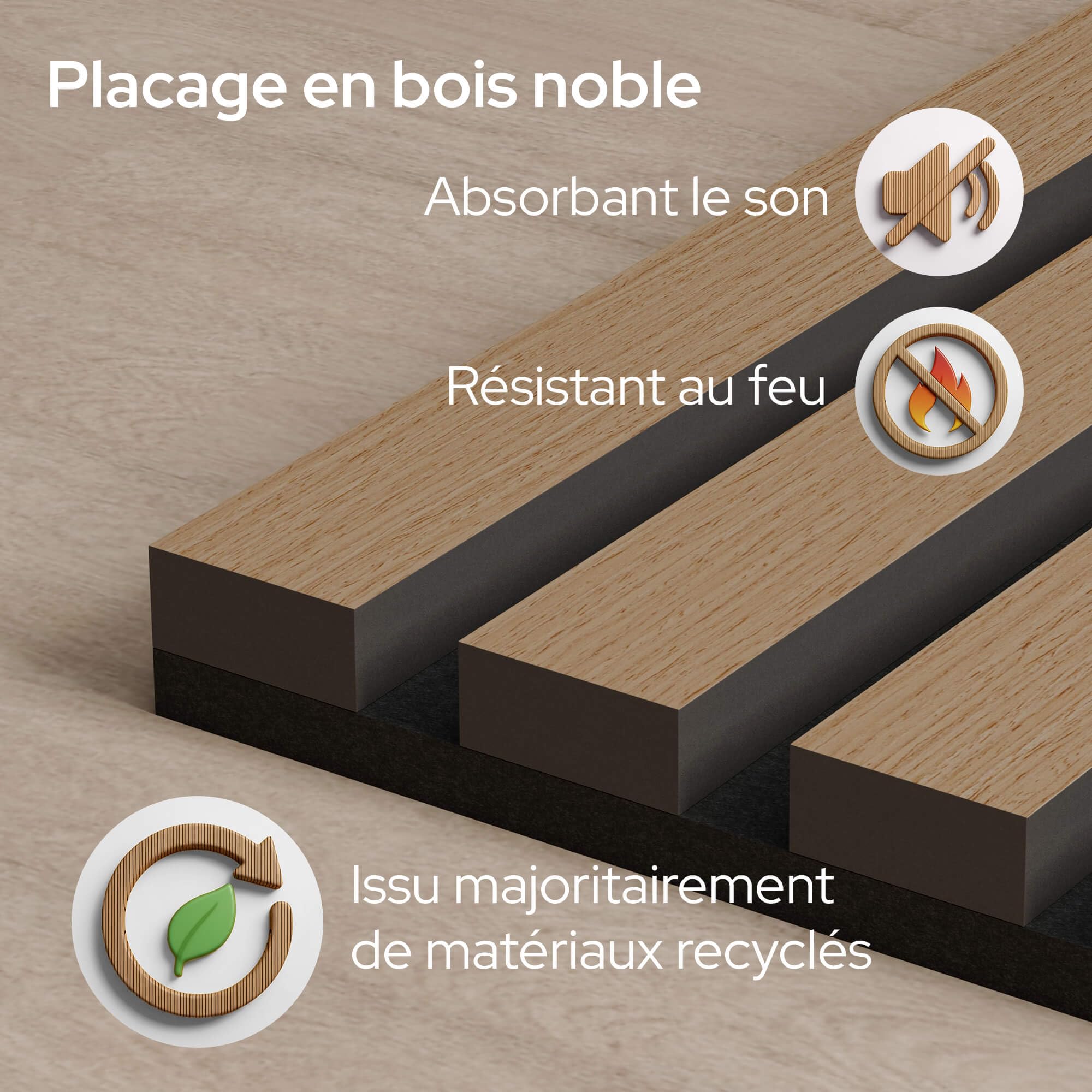 Arebos Lot de 4 Panneaux Acoustiques 120×60 cm | Panneaux Muraux à Lattes Aspect Bois pour Mur & Plafond | Haute Absorption Acoustique | Installation Facile & Découpable