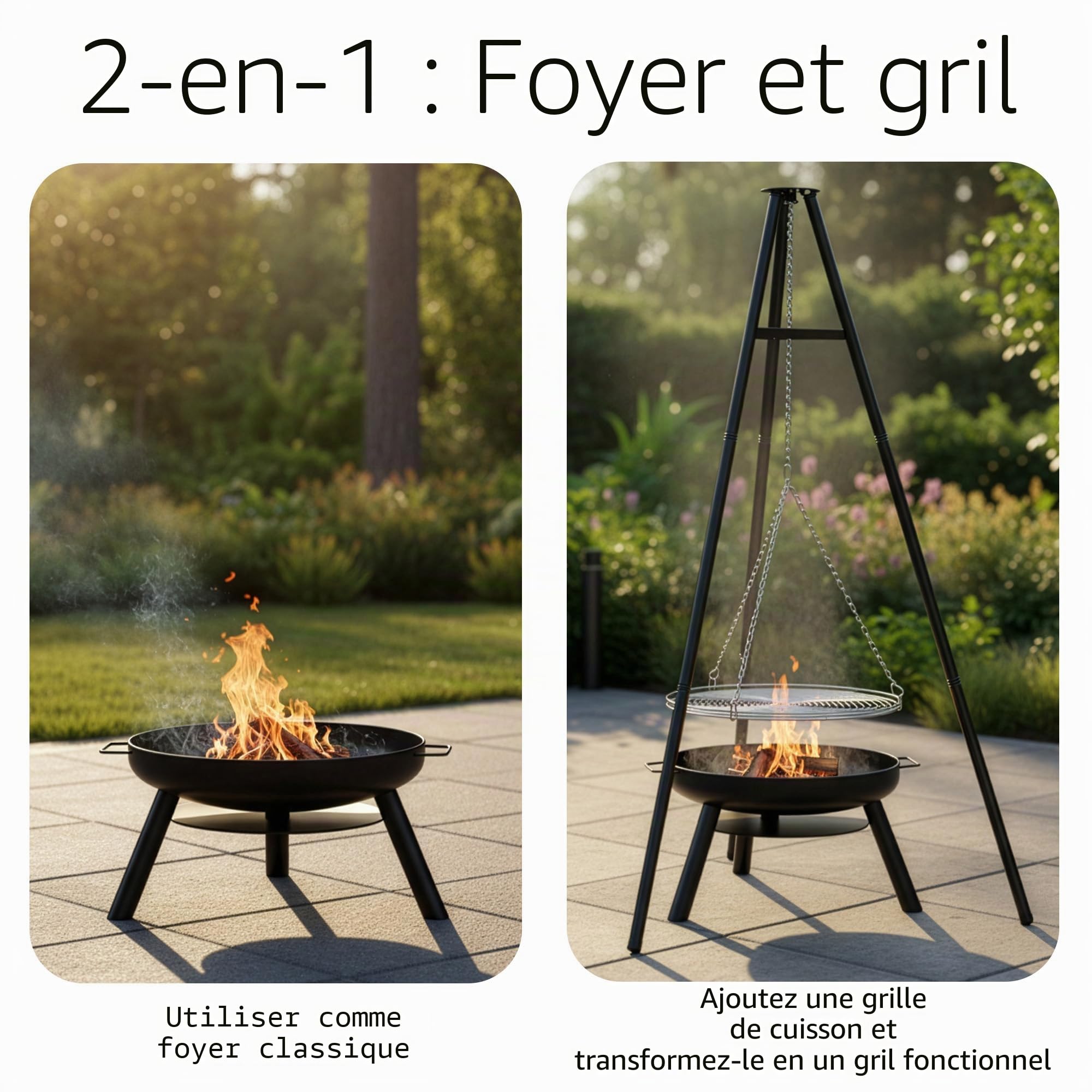 LEHMANN Brasero Exterieur Barbecue Ø 60 cm avec Grille de Cuisson - Grande Brasero de Jardin pour Terrasse la Jardin - Structure en Acier - Robuste et Durable - Noir - 12 kg