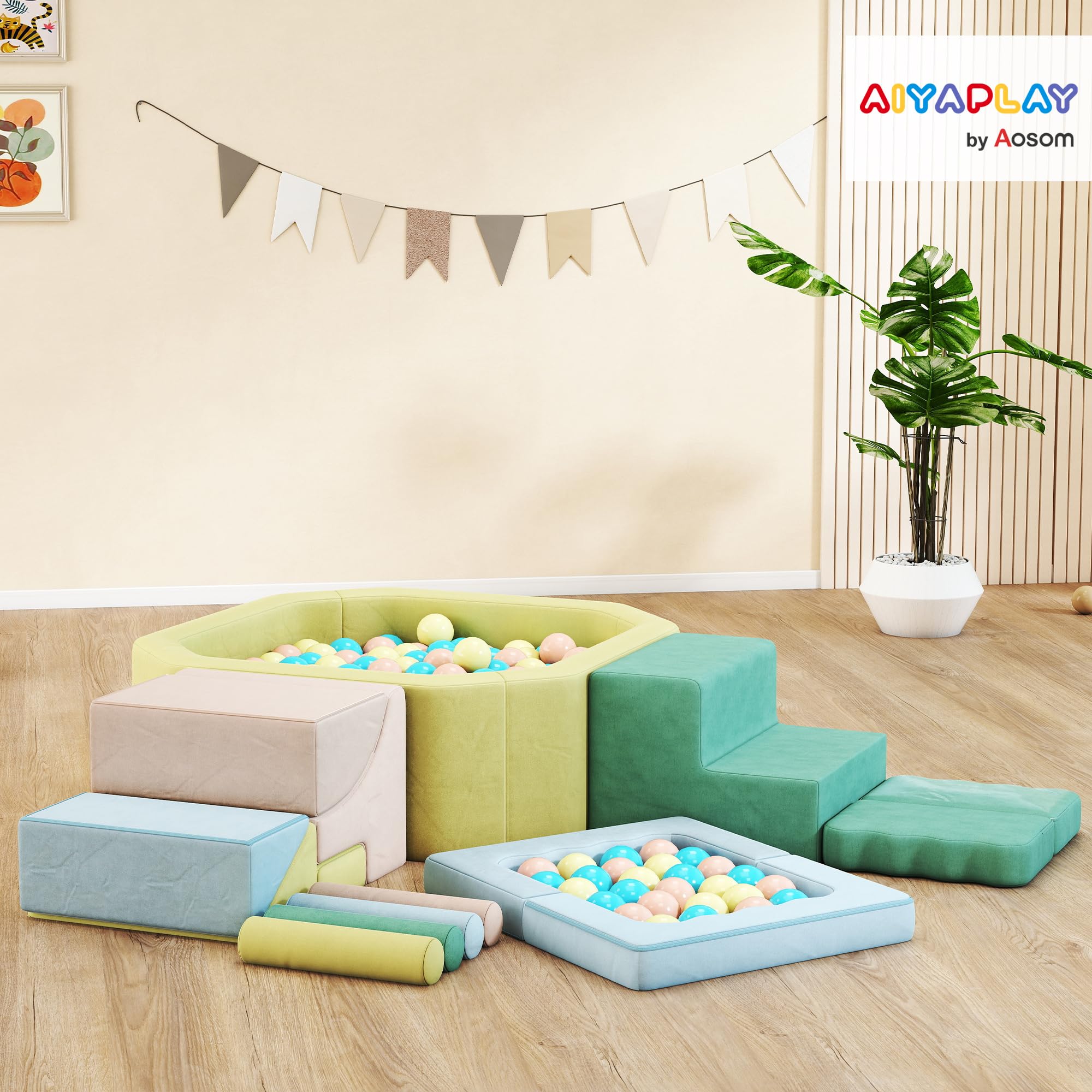 AIYAPLAY Schaumstoff Bausteine Kinder 15er-Set mit Bällepool und 200 Bällen, Riesenbausteine Klettern, Großbausteine in Cord-Optik, Bauklötze Spielbausteine, Mehrfarbig