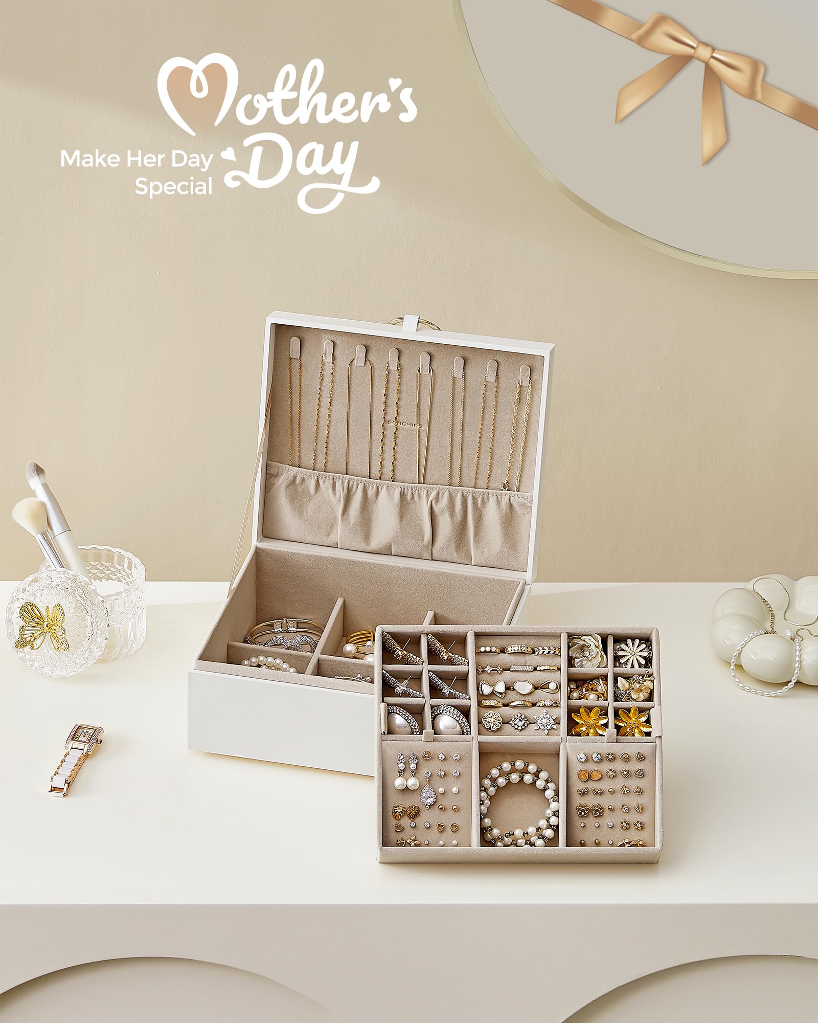SONGMICS Joyero de 2 capas, organizador de joyas con asa, bandeja de joyería extraíble, almacenamiento de joyas, efecto flotante, 8.1 x 9.4 x 4.3 pulgadas, idea de regalo, color blanco UJBC165W01