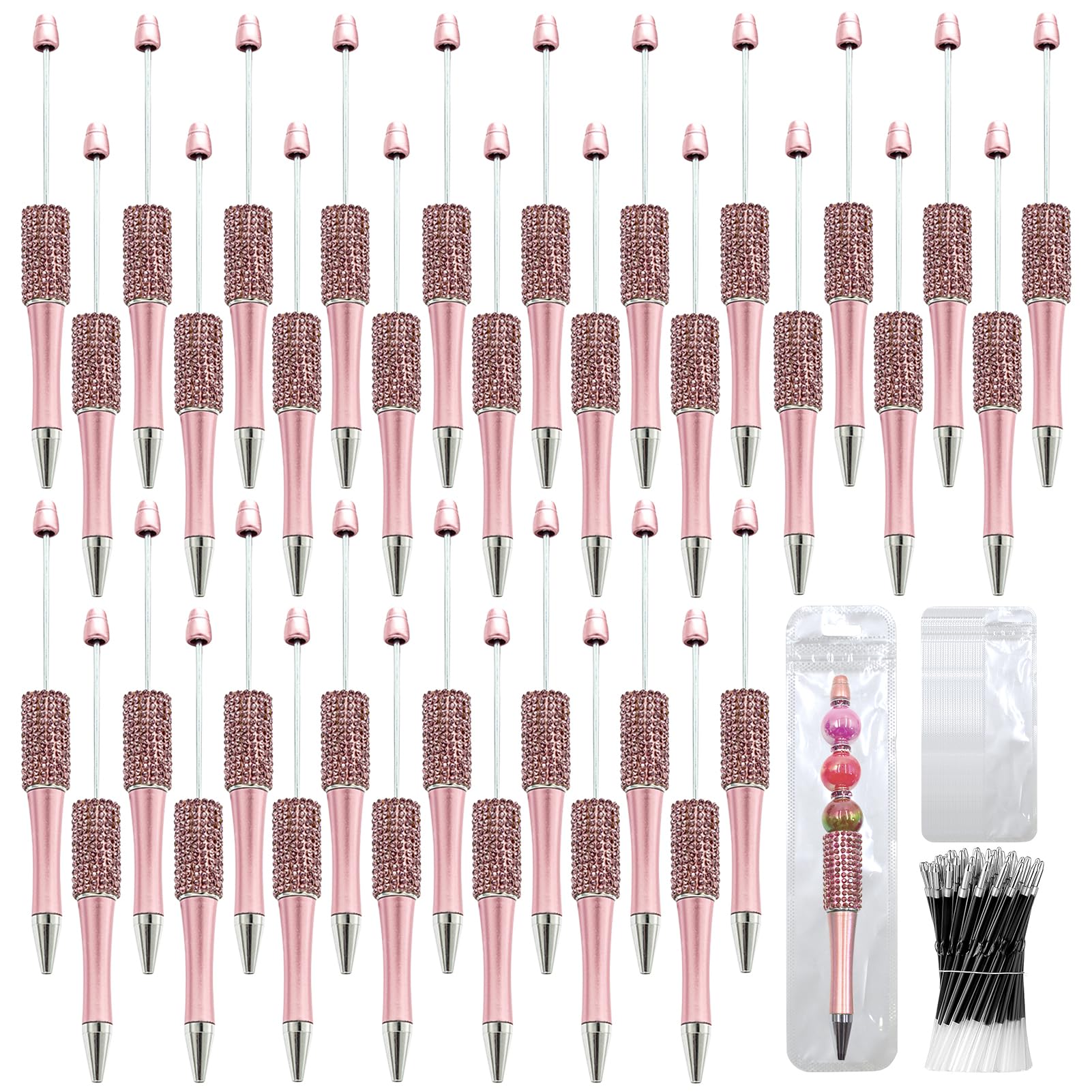 75 Pcs DIY Diamond Beadable Pen Kit - 25 Plastic Rhinestone Beaded Pens Bulk with Refills &amp; Bags - Fancy Cute Glitter Pens for Crafting, Students &amp; Teachers – School Supplies (Pink)