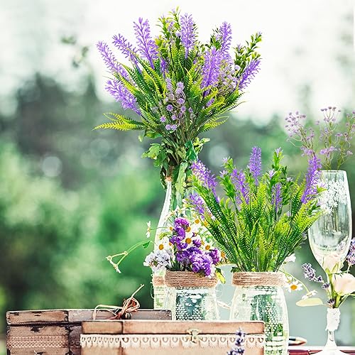 Miniatura 6 de Plantas artificiales de lavanda, 9 paquetes de plantas de plástico para decoración de boda, hogar, jardín, oficina, jarrón de mesa