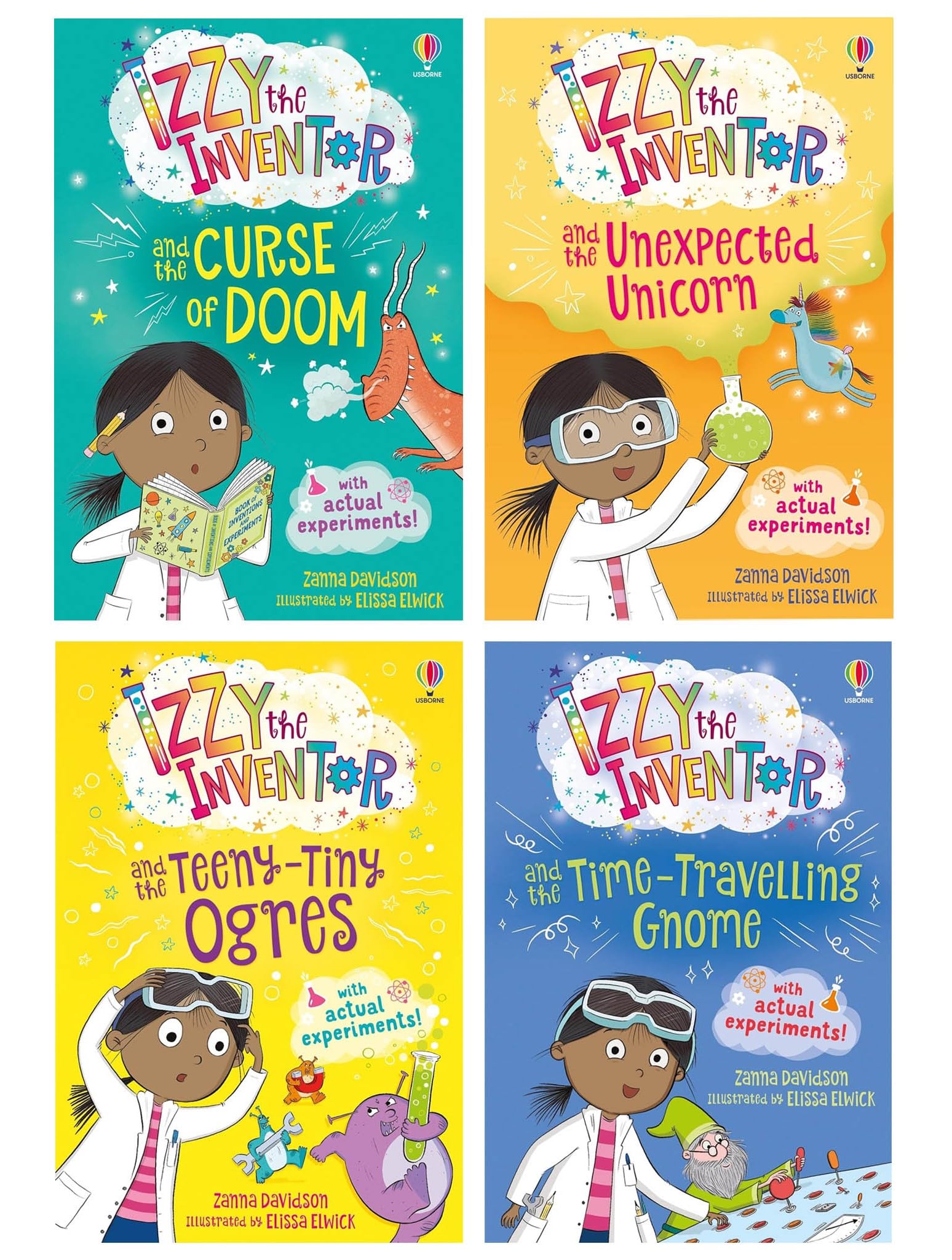 Izzy the Inventor Series By Zanna Davidson 4 Books Collection Set (The Unexpected Unicorn, The Curse of Doom, The Time Travelling Gnome & the Teeny Tiny Ogres)
