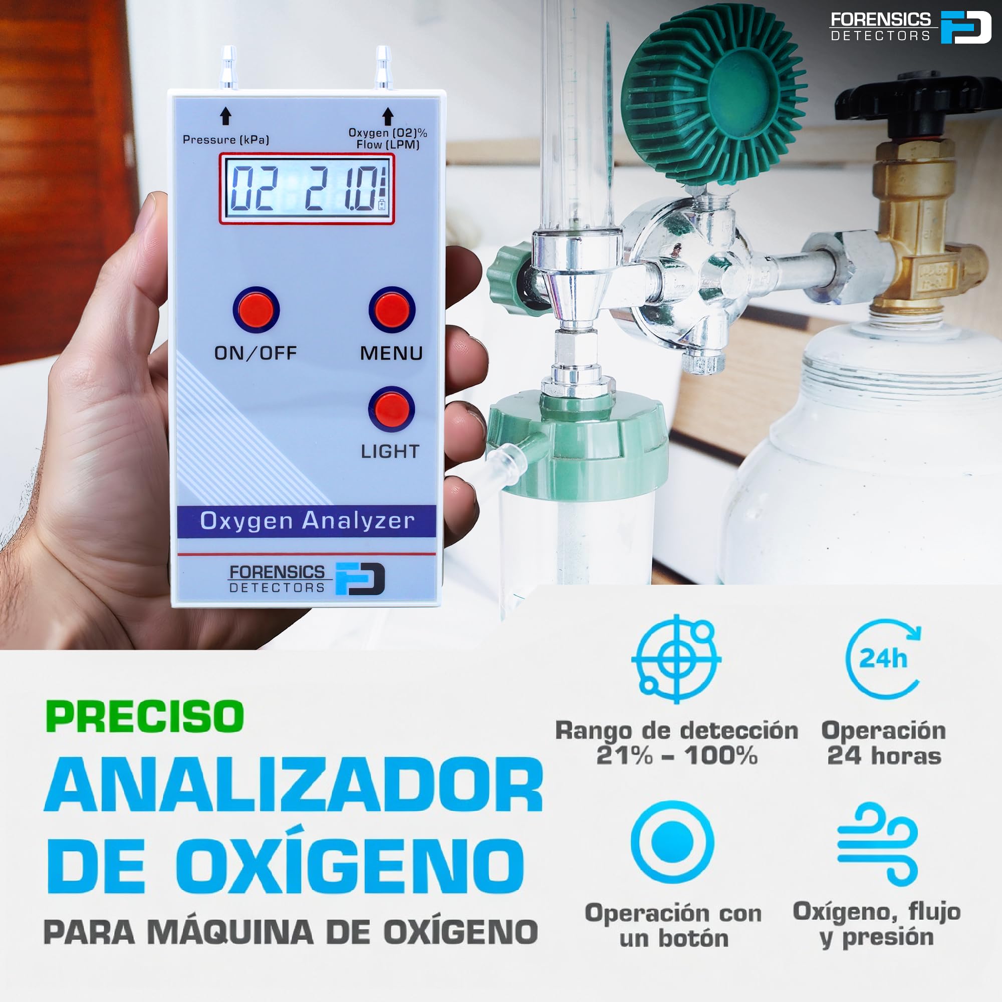 Wooge Oxygen Analyzer by Forensics | 21%-100% | O2, Flow & Pressure Digital Readout |