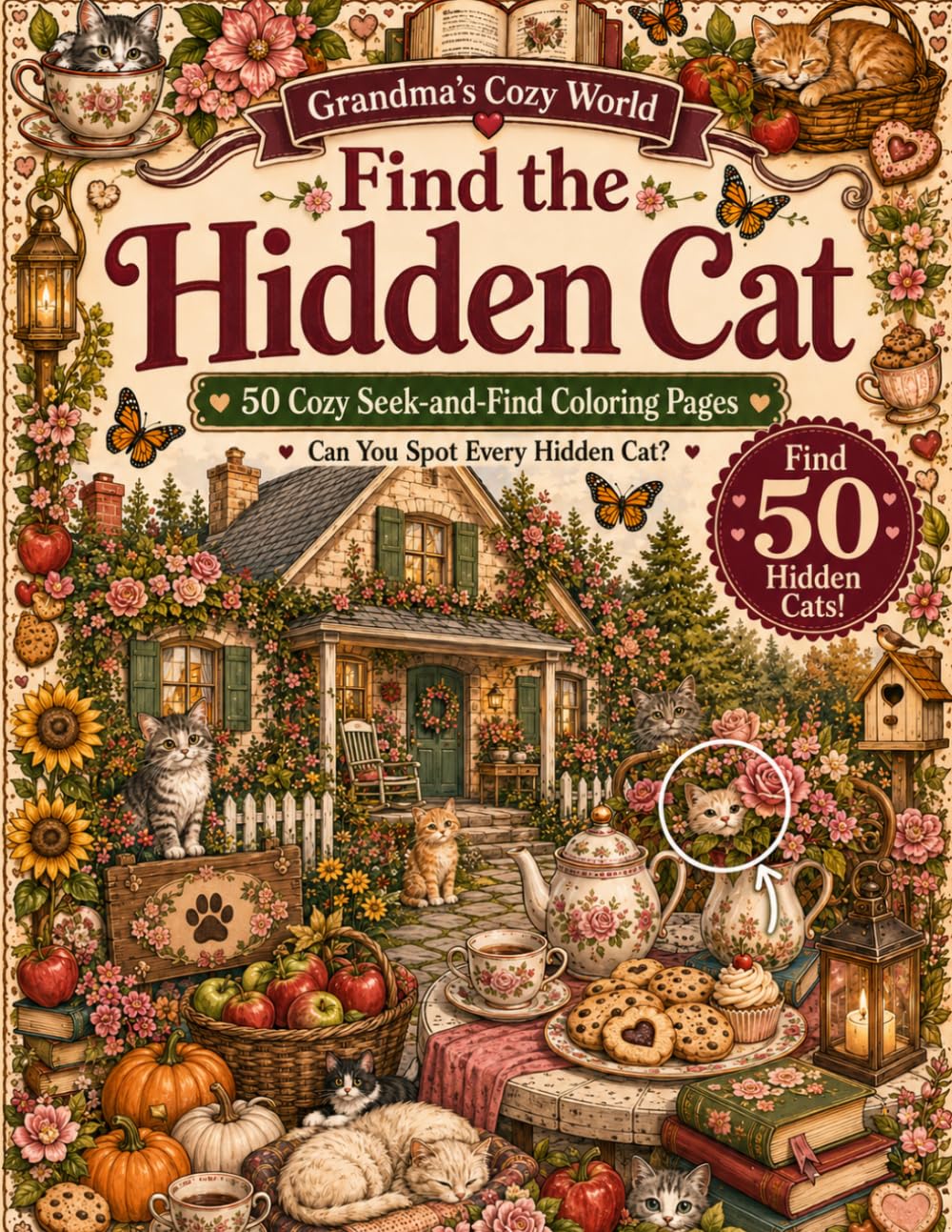 Find the Hidden Cat: 50 Cozy Seek-and-Find Coloring Pages (Grandma's Cozy World)