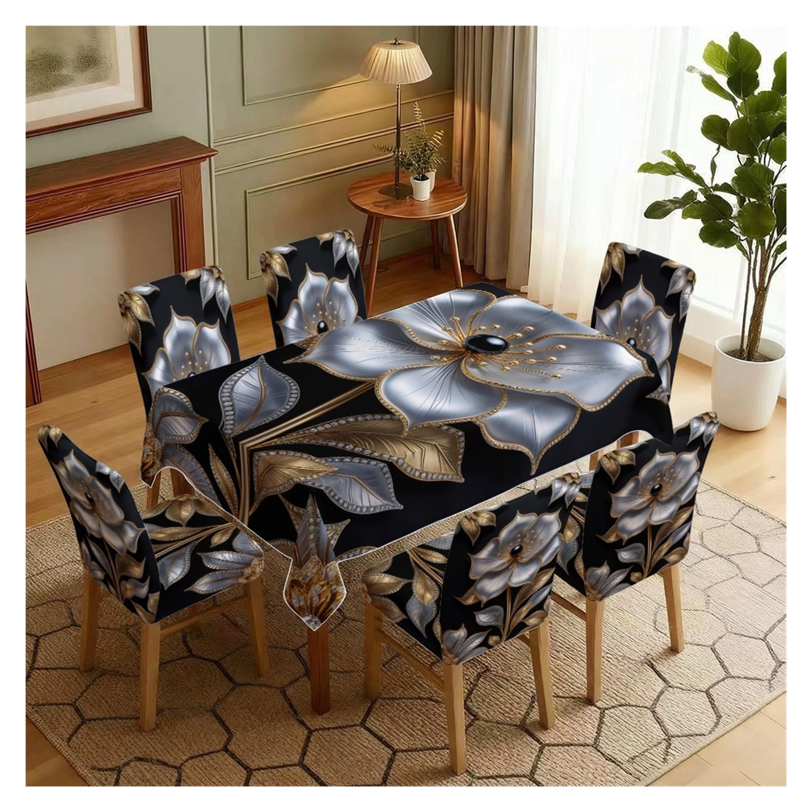 BOSUYBN Luxury Black Gold Silver Floral Dining Tablecloth & Chair Covers Set, 5/7 Piece Elegant Glam Modern Home Decor Table Setting(7pcs Set: Tablecloth+Chair Covers)