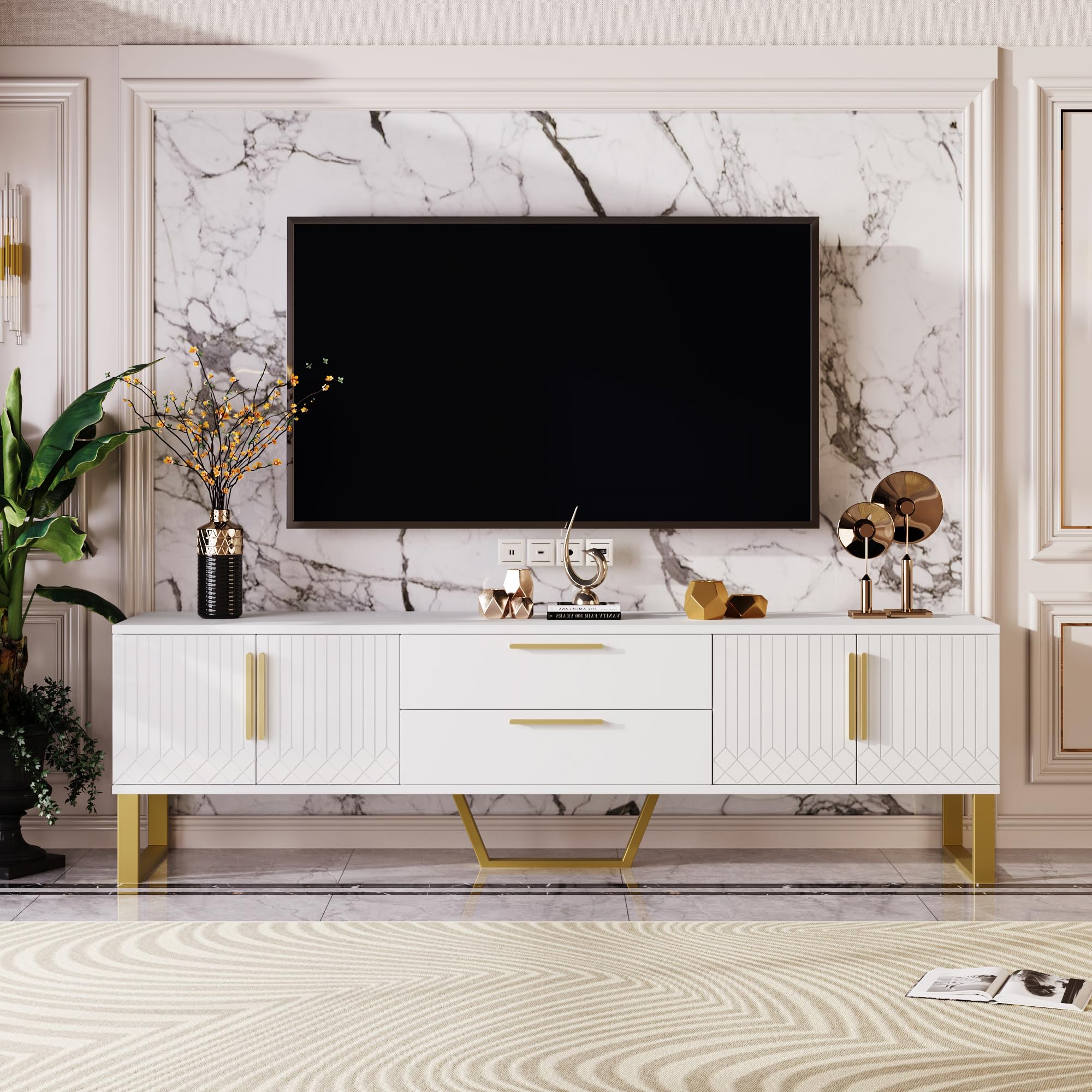 Meuble TV en MDF robuste Ele blanc brillant avec motif incrusté chic
