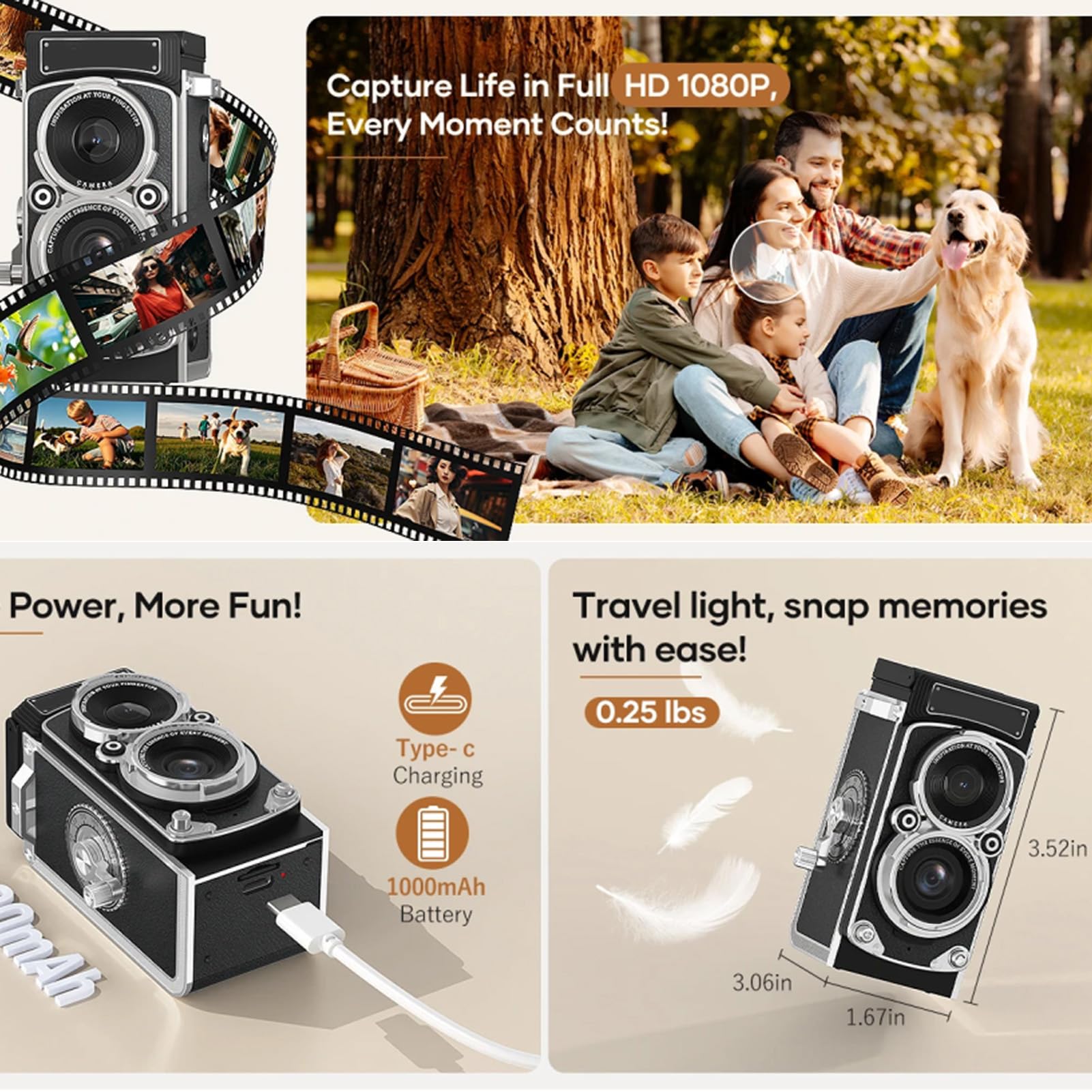 Mini Macchina Fotografica Digitale Vintage, Fotocamera Compatta Portatile in Stile TLR retrò, Fotocamera Tascabile 1080P 12MP per Principianti, Adolescenti e Adulti (16GB)
