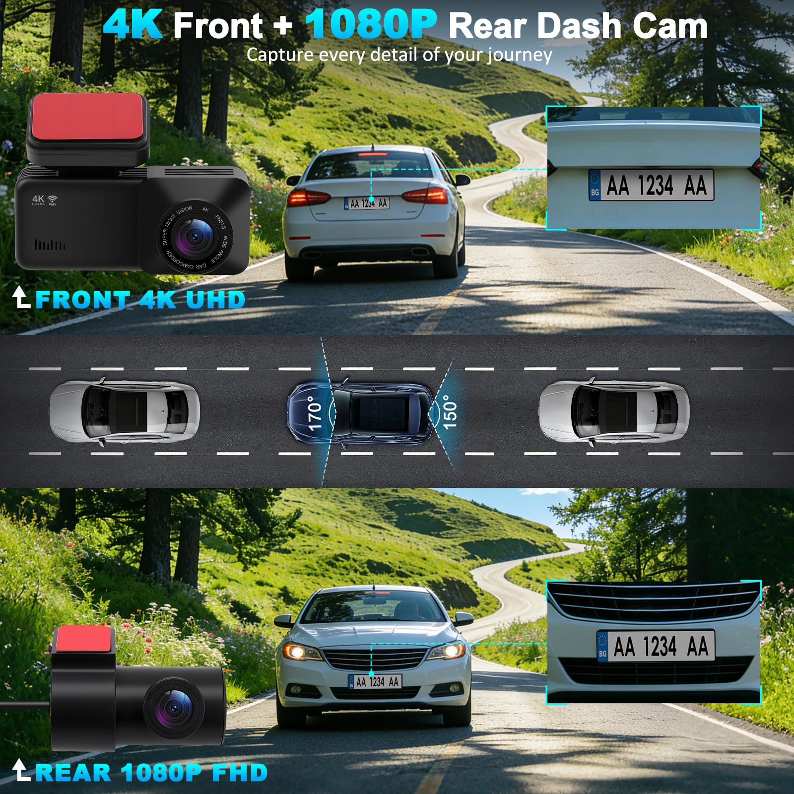 Dashcam Voiture 4K Avant Arrière 1080P, Caméra Embarquée Double Objectif | 170° Grand Angle, Vision Nocturne, Mode Parking G-Sensor, Carte SD 64Go, Installation Facile